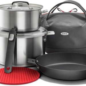 OXO CC008193-002 Outdoor 8 Piece Camping Cookware Set, 10″ Pre-Seasoned Carbon Steel Frying Pan Skillet