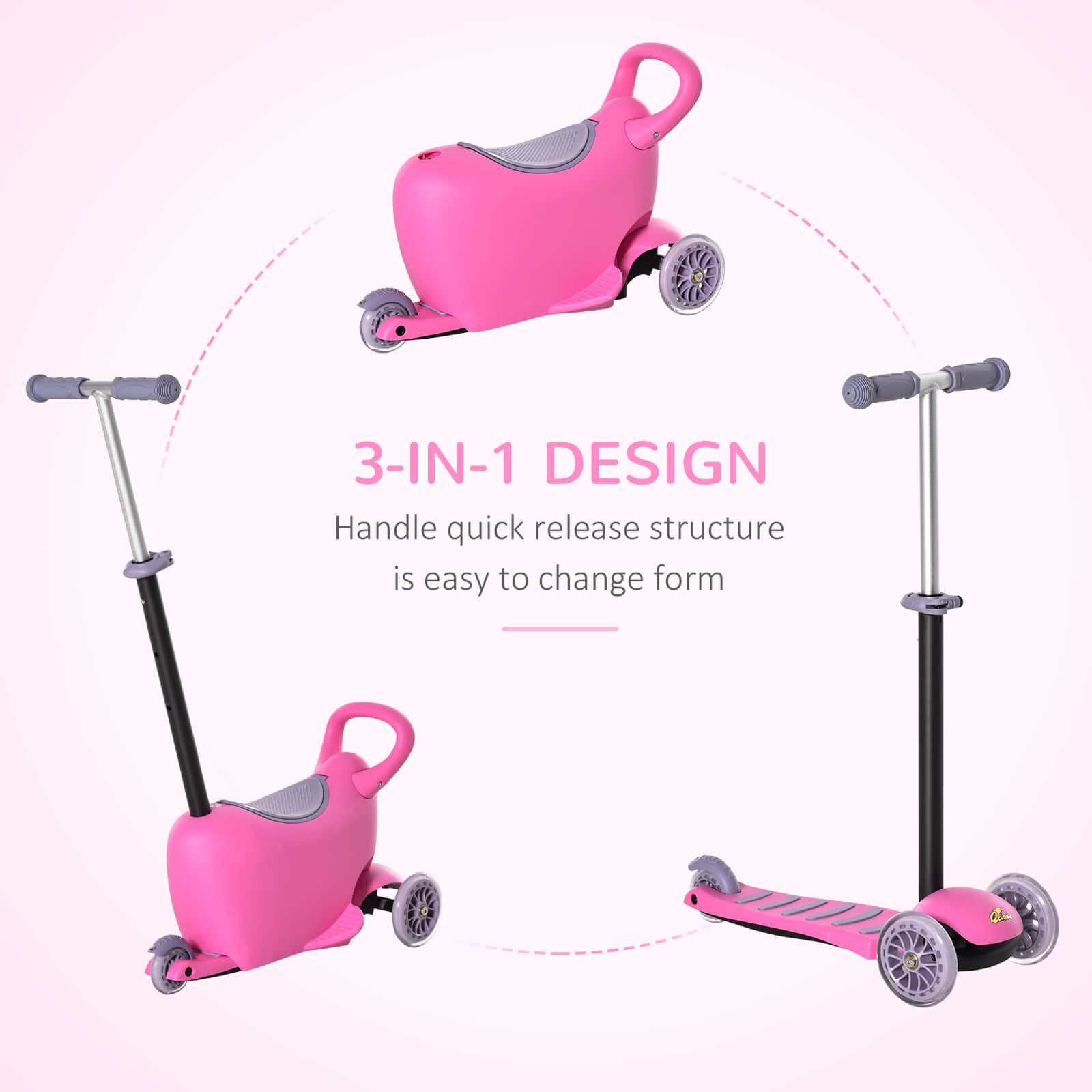 Qaba - 3-in-1 Ride On: push car/scooter/walker, adjustable handle, 3 wheels, removable storage seat, 2-6y - Pink - Image 4