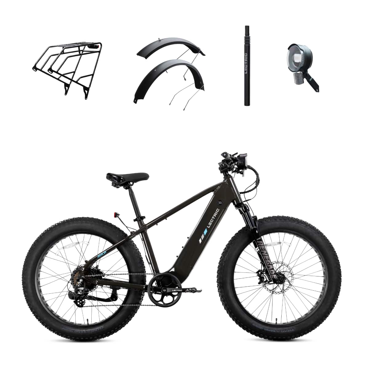 Lectric eBikes - XPeak2 High-Step eBike (Max 60mi/28mph) + Rear Rack/Fenders/Elite Headlight/Suspension Seat Post - 70 - Tempest Grey
