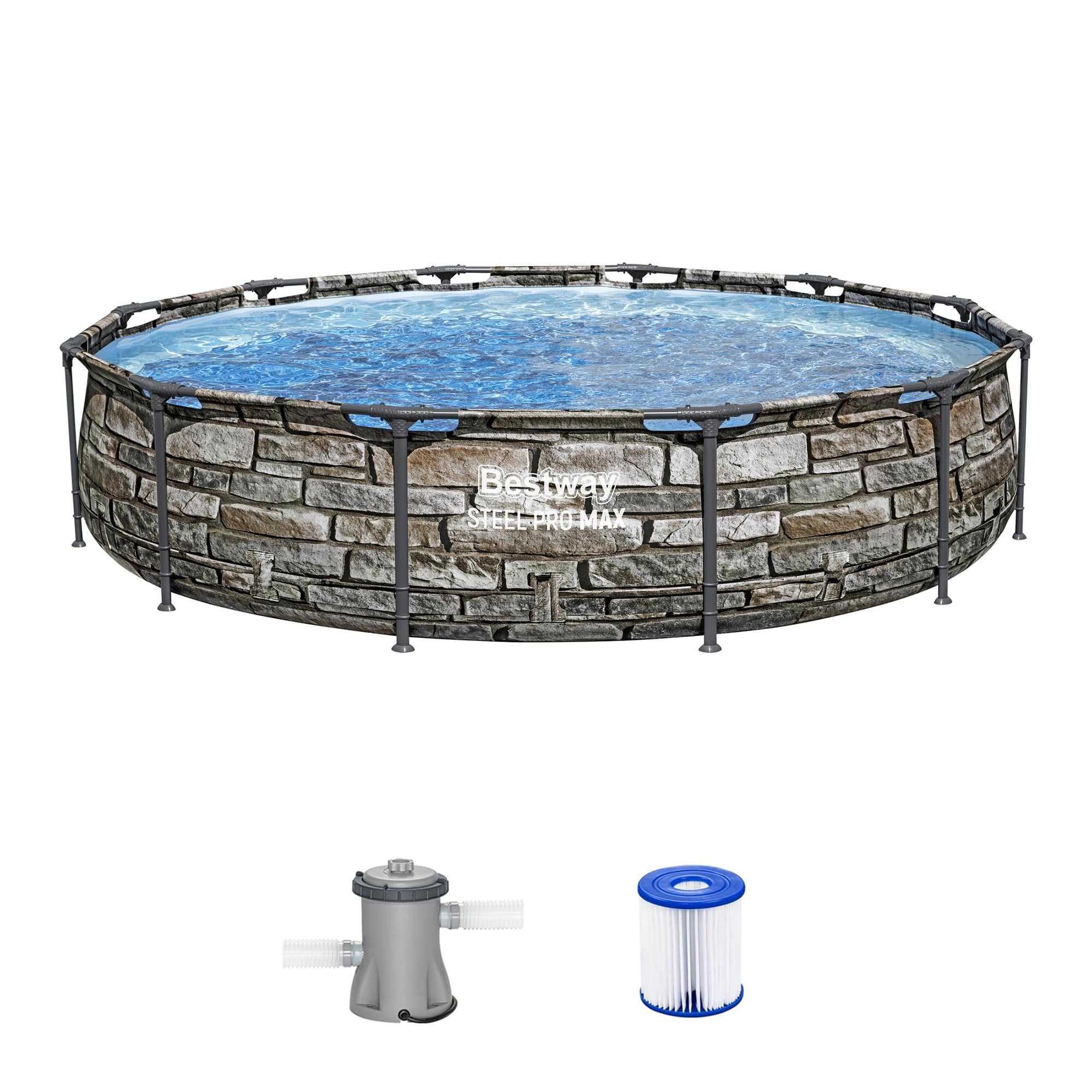 Bestway - 56817E 12' x 30" Steel Pro Max Round Above Ground Swimming Pool w/ Pump - Stone
