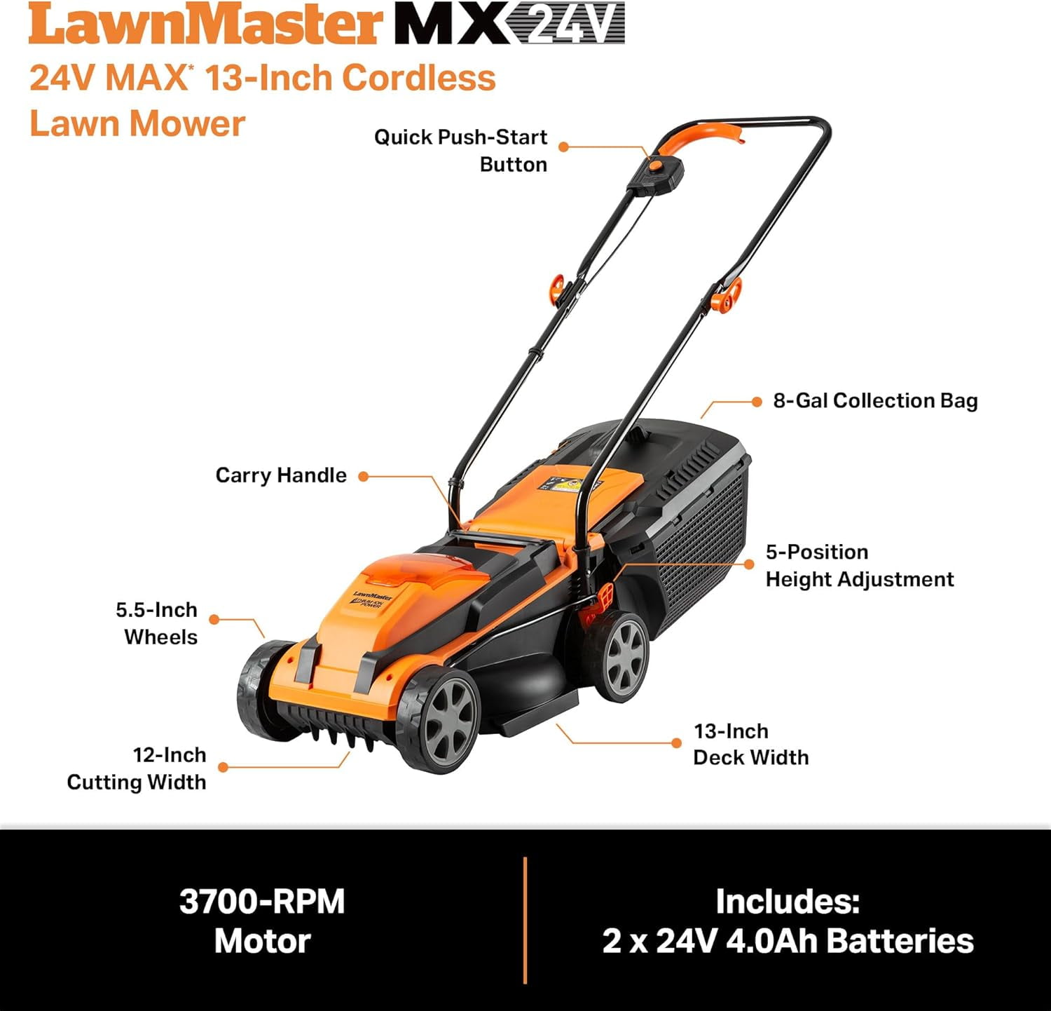 LawnMaster 13in 24 V Cordless Lawn Mower with Push Button Start - Image 6