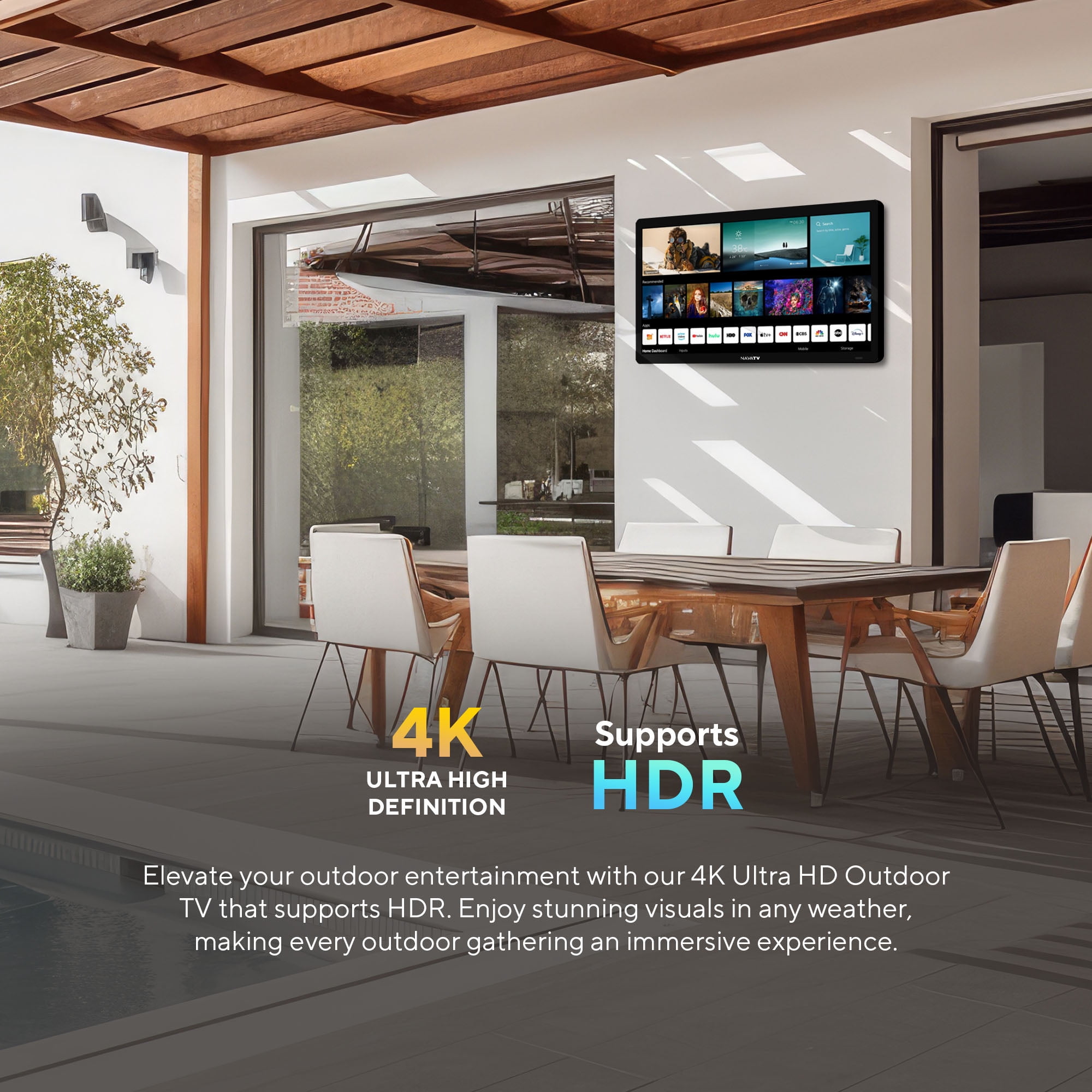 NavaTV 43" 4K UHD LED Partial Sun Outdoor Smart TV + Wall Mount, IP54 Weatherproof, Tempered Anti-Glare Television (NVTV430SM) - Image 4