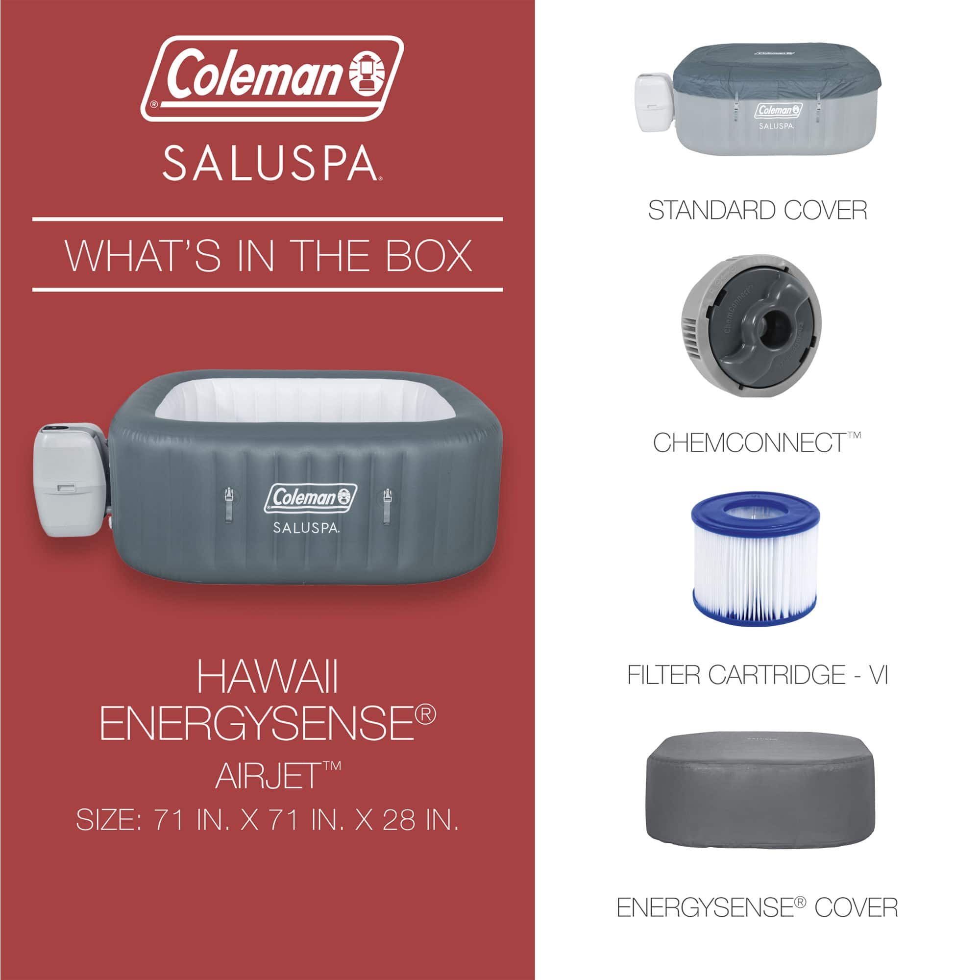 Coleman - Hawaii AirJet Square Inflatable Hot Tub with EnergySense Cover, Grey - Gray - Image 4