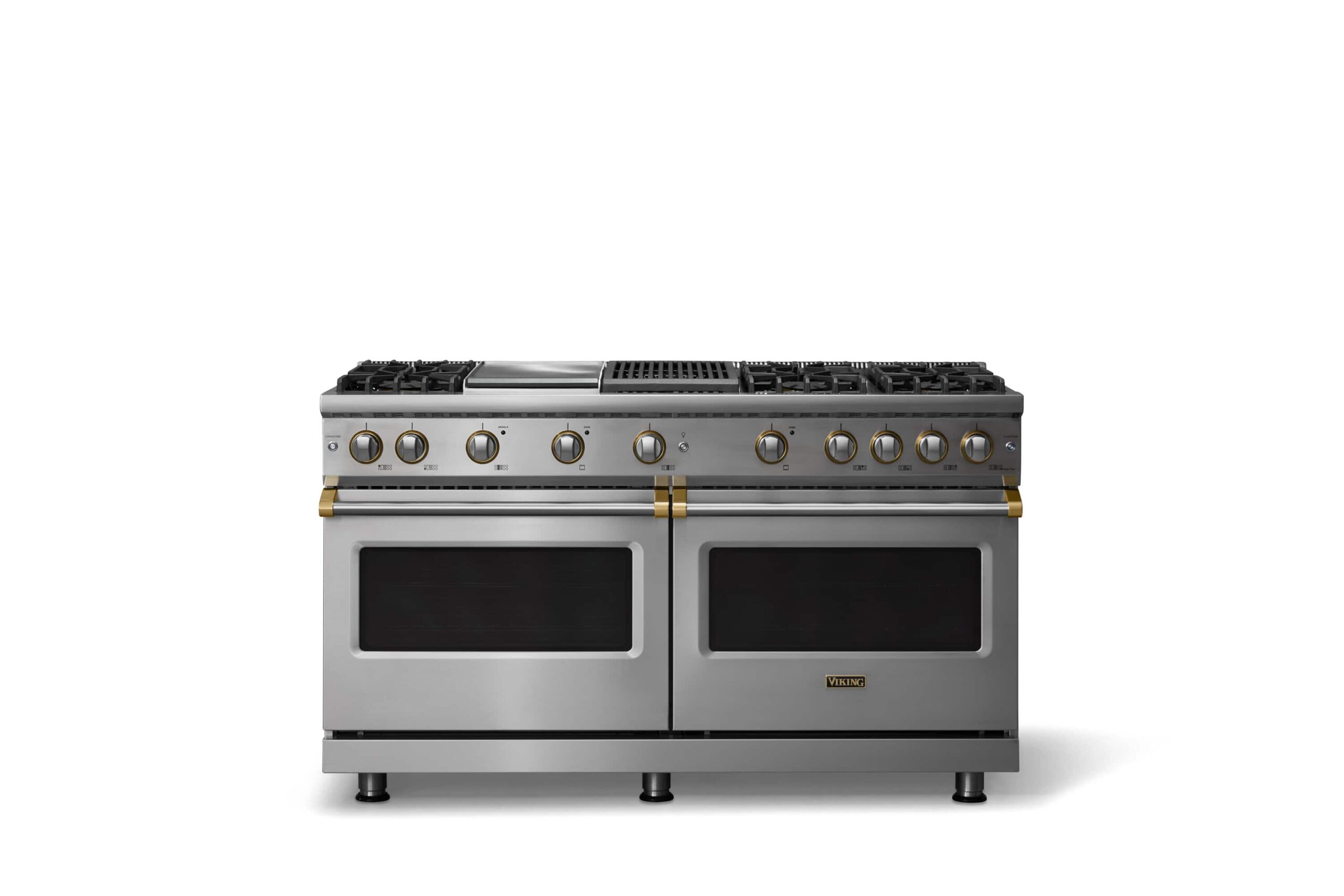 Viking - 60 in. Wide 6 Burner Pro 5 Series 8.0 Cu. Ft. Freestanding Sealed Burner Gas Convection Range with Brushed Brass Trim - Stainless Steel