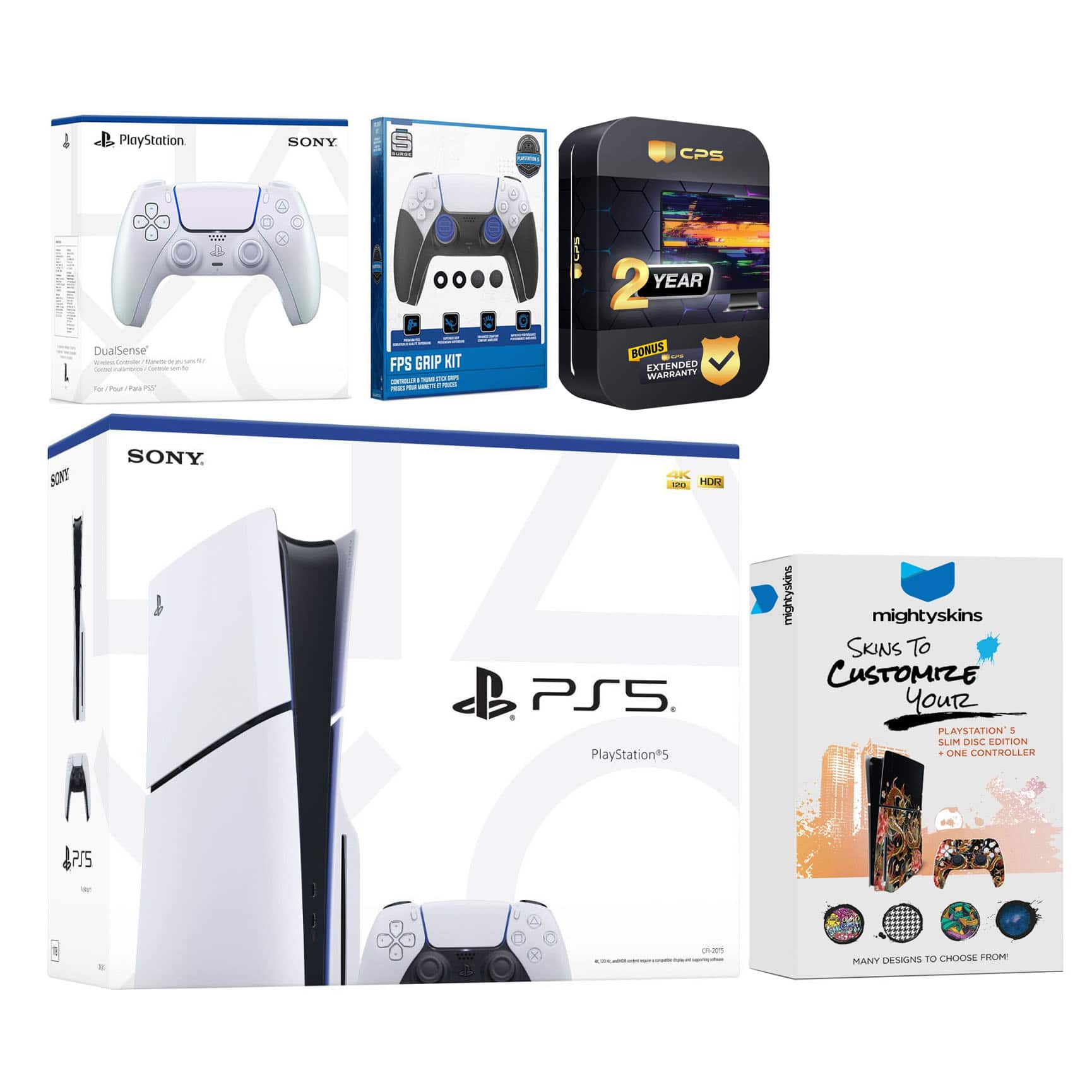 Playstation 5 Slim Disc with Extra Controller, FPS Grip Kit and MightySkins Decal Voucher + 2 Year - PlayStation 5