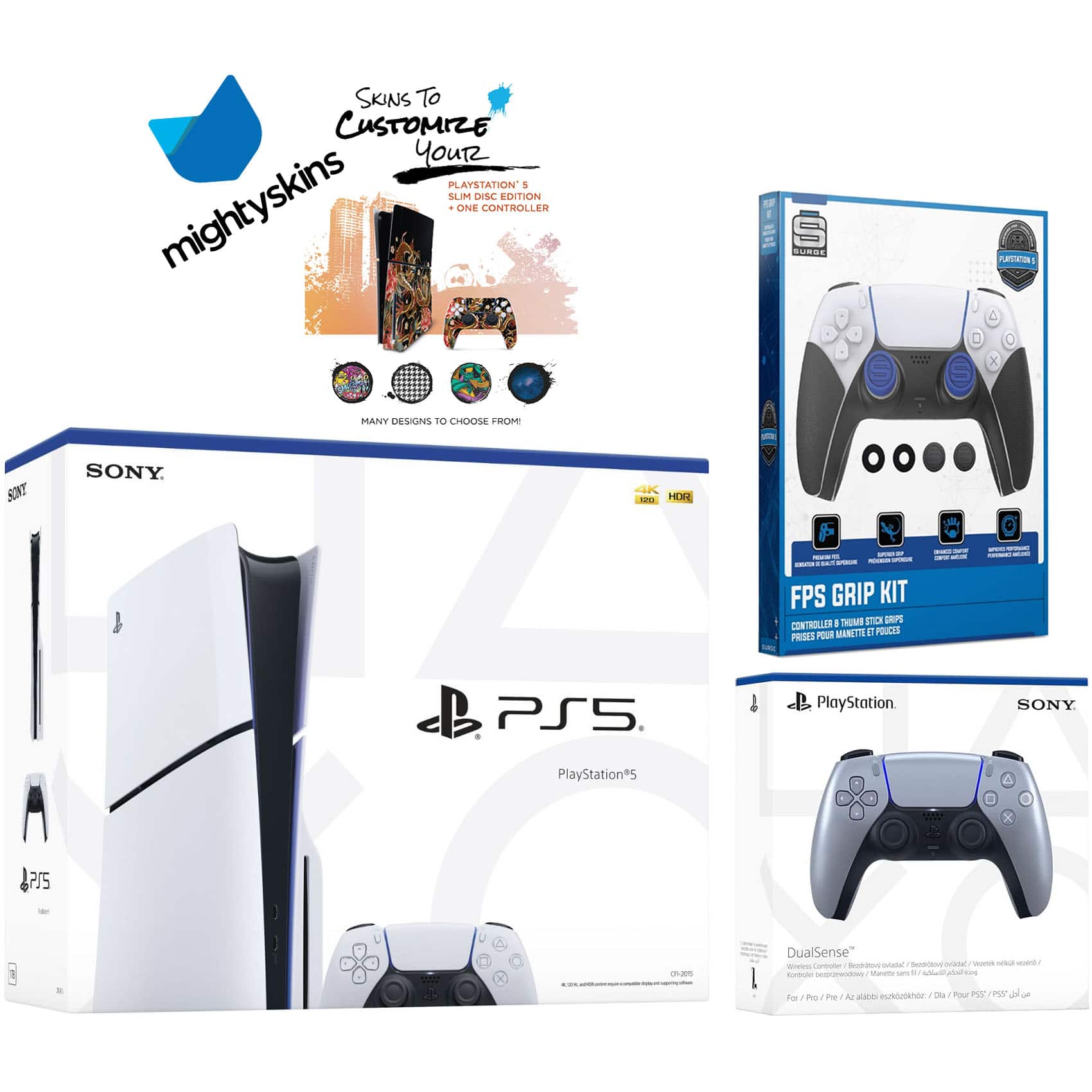 PlayStation 5 Slim Disc with Extra Controller, FPS Grip Kit and MightySkins Decal Voucher - PlayStation 5