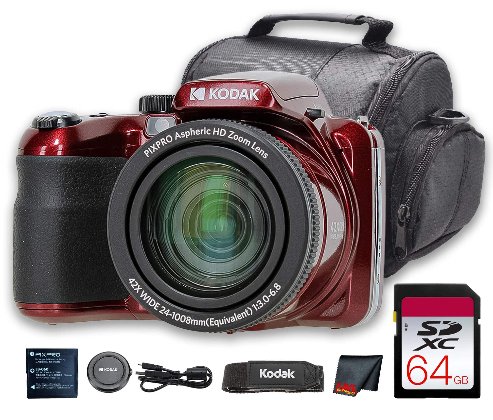 Kodak - PIXPRO AZ425 Digital Camera (Red) (AZ425RD) + 64GB Card + Bag + Cloth