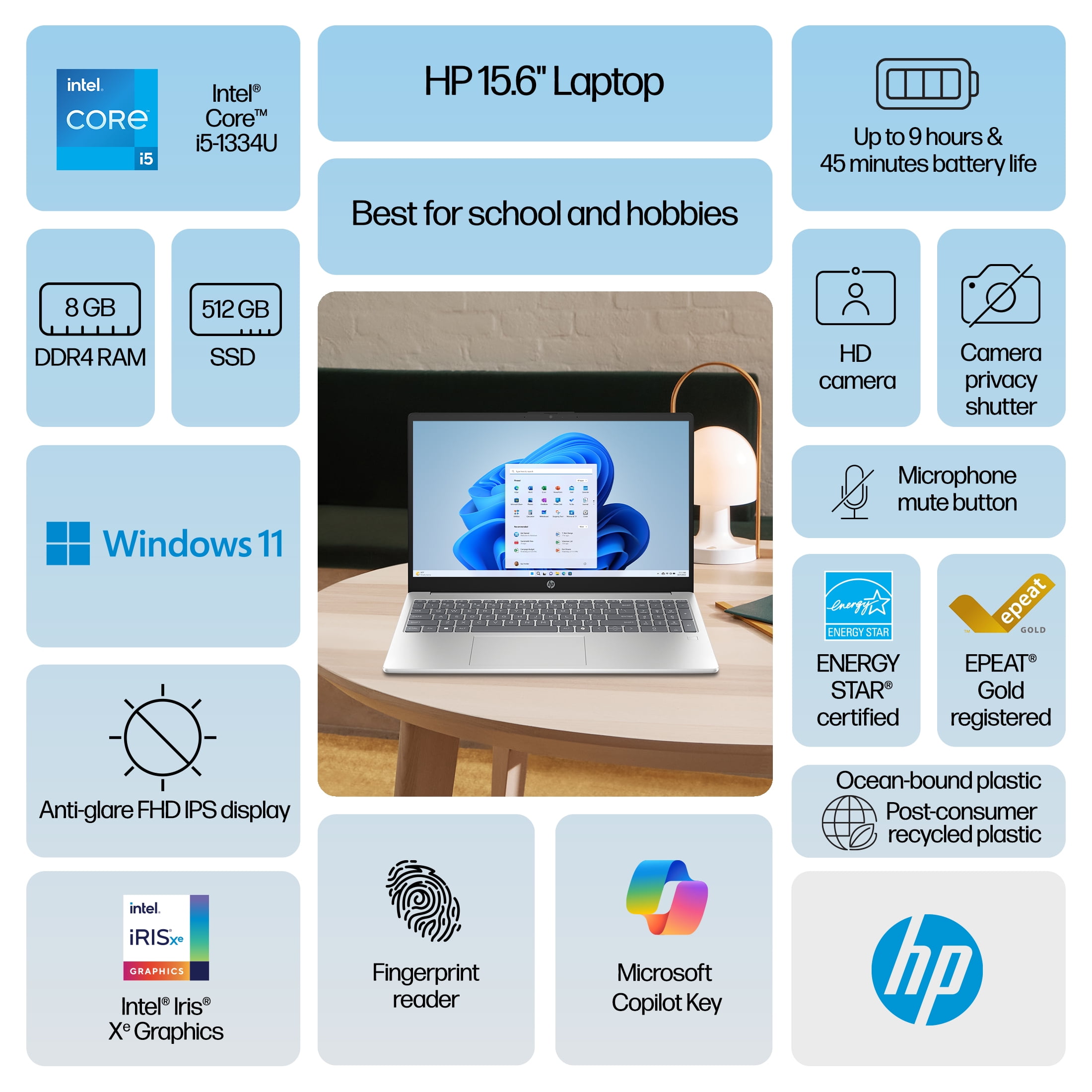HP 15.6 inch Windows 11 Laptop Intel Core i5-1334U 8GB RAM 512GB SSD Natural Silver - Image 8