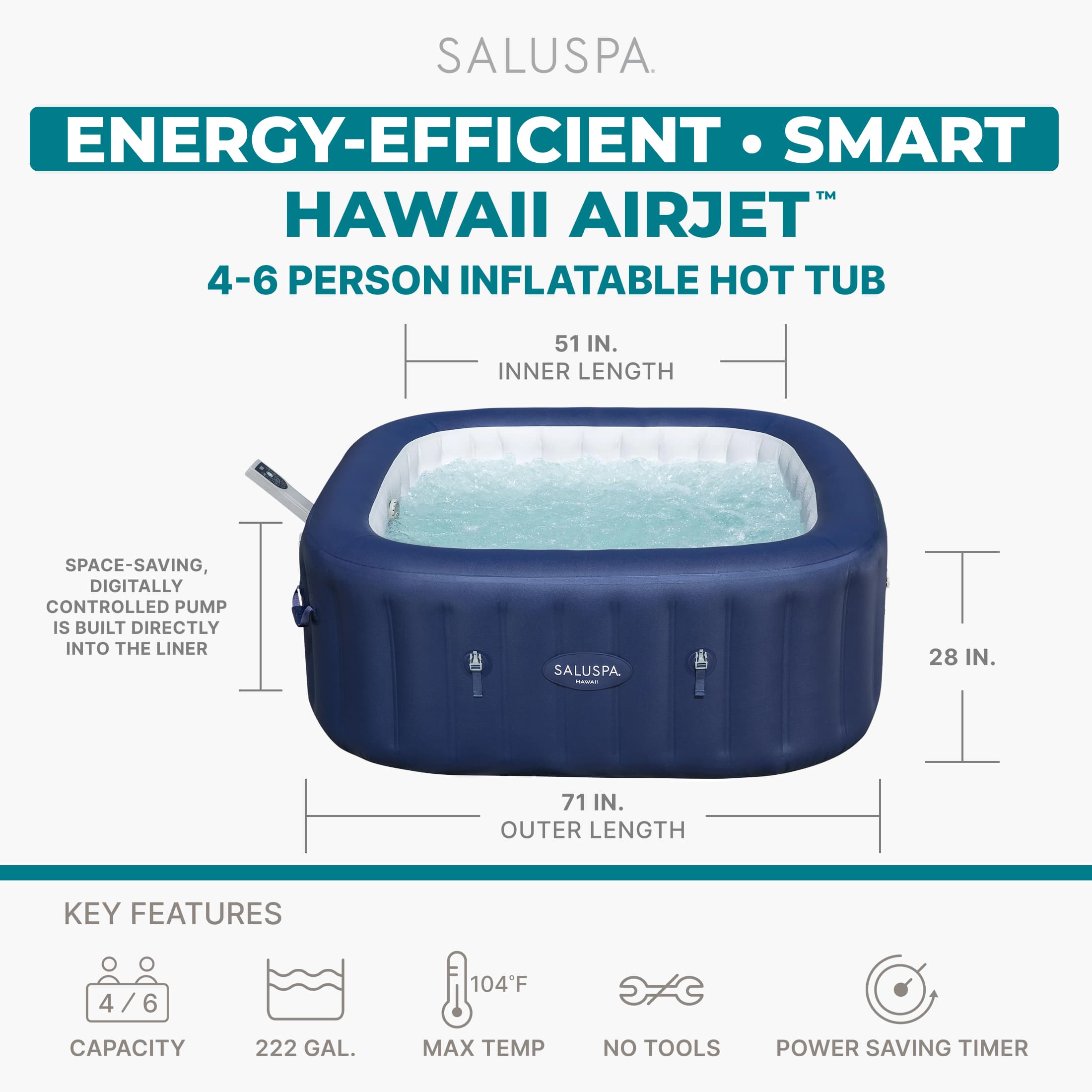 Bestway - SaluSpa Hawaii Smart AirJet Inflatable Hot Tub with EnergySense Cover - Blue - Image 2
