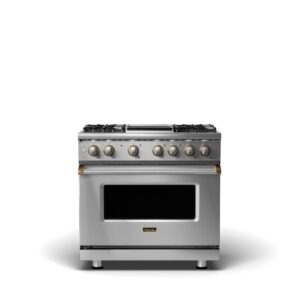 Viking - 5.1 Cu. Ft. 36"W Freestanding Gas Sealed 4 Burner Range with Griddle - Stainless Steel w. Brushed Brass Trim - Stainless Steel