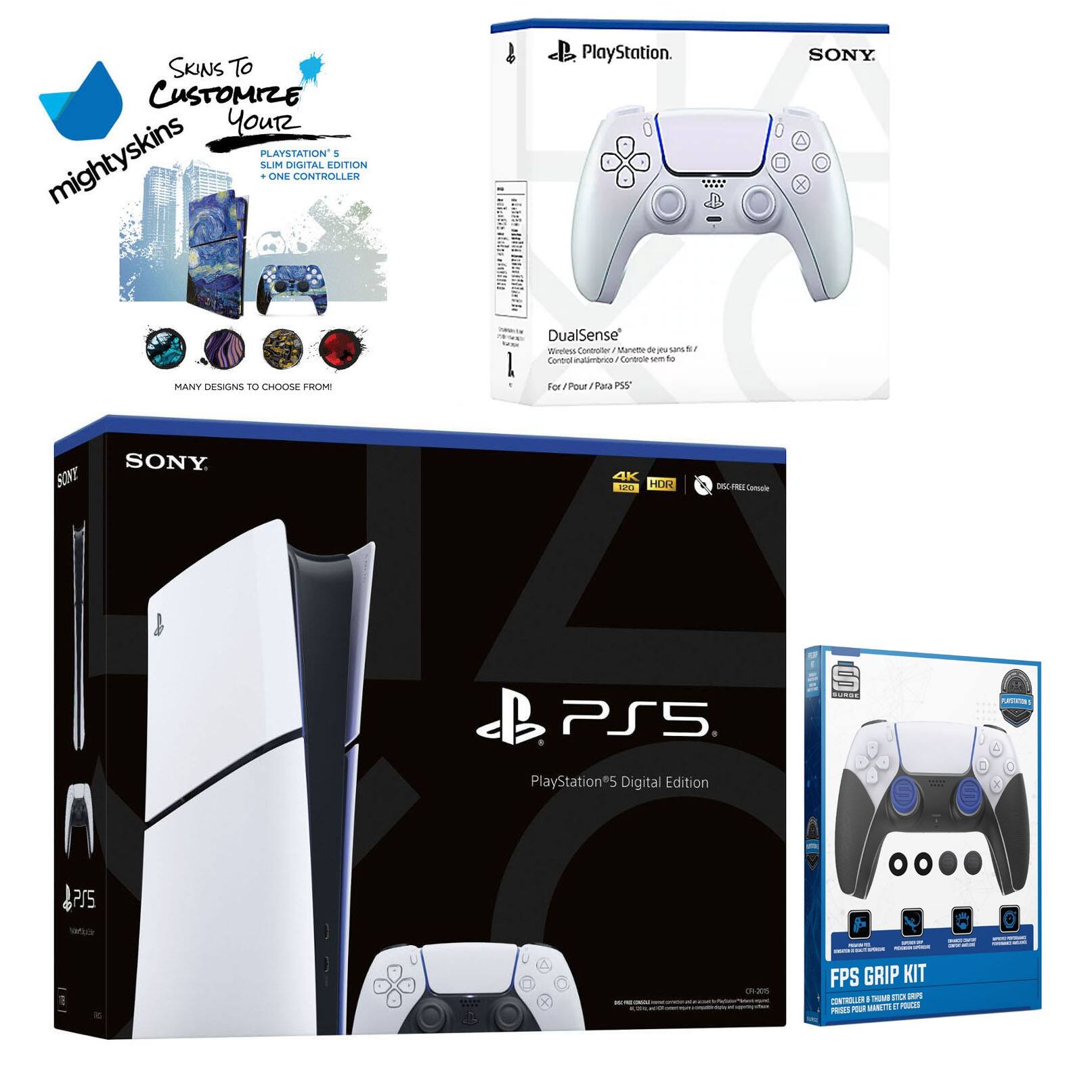 Playstation 5 Slim Digital with Extra Controller, FPS Grip Kit and MightySkins Decal Voucher + 1 Year - PlayStation 5