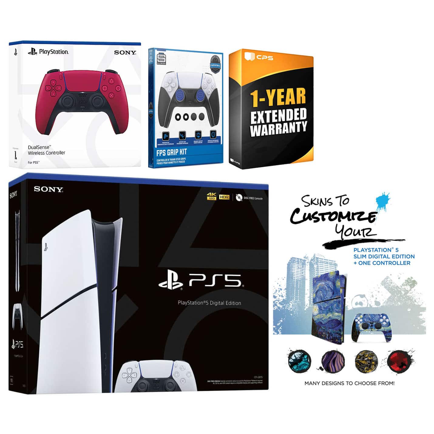Playstation 5 Slim Digital with Extra Controller, FPS Grip Kit and MightySkins Decal Voucher + 1 Year - PlayStation 5