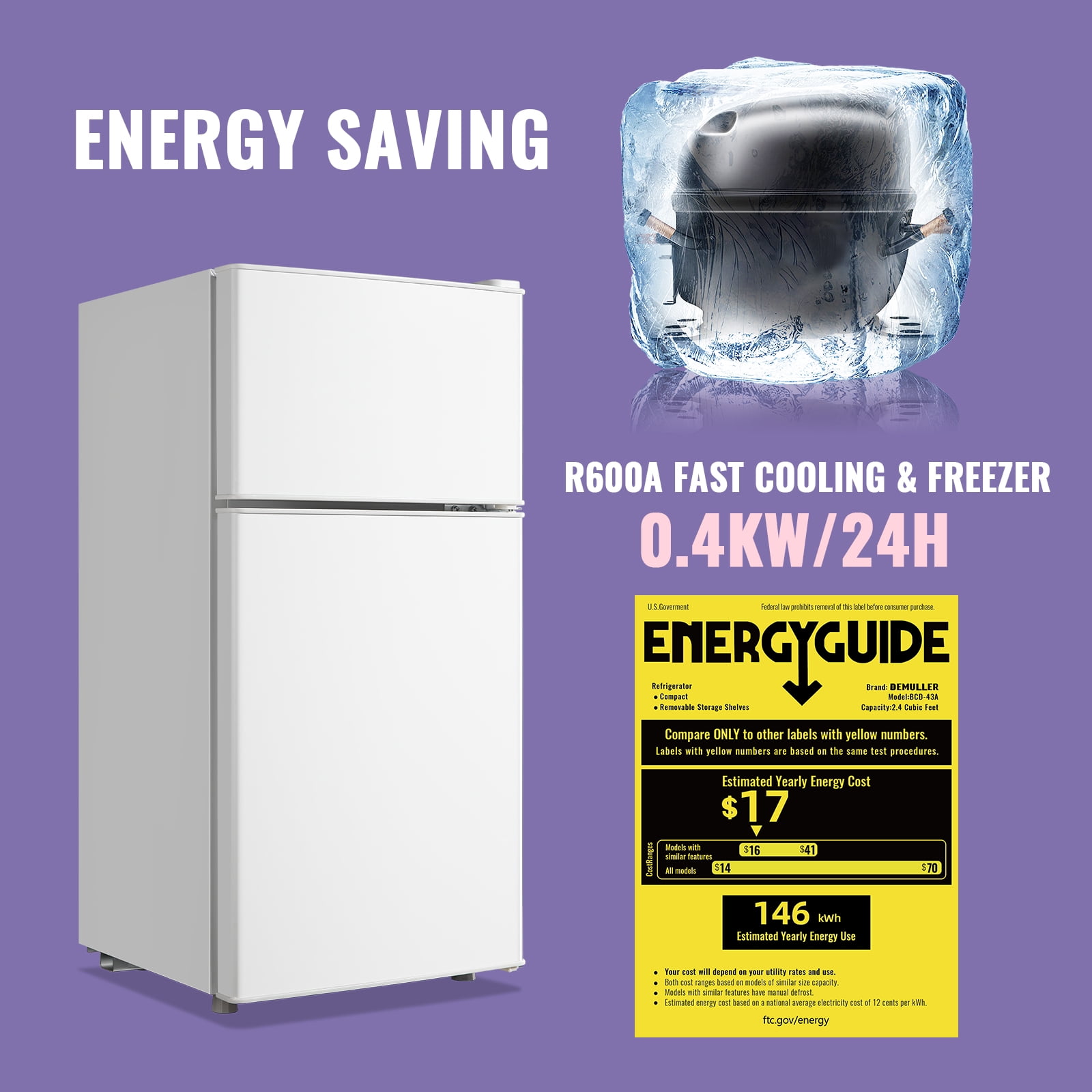 DEMULLER 2.4 Cu.ft Refrigerator with Freezer One Person Mini Refrigerator Plastic Shelves White New - Image 2