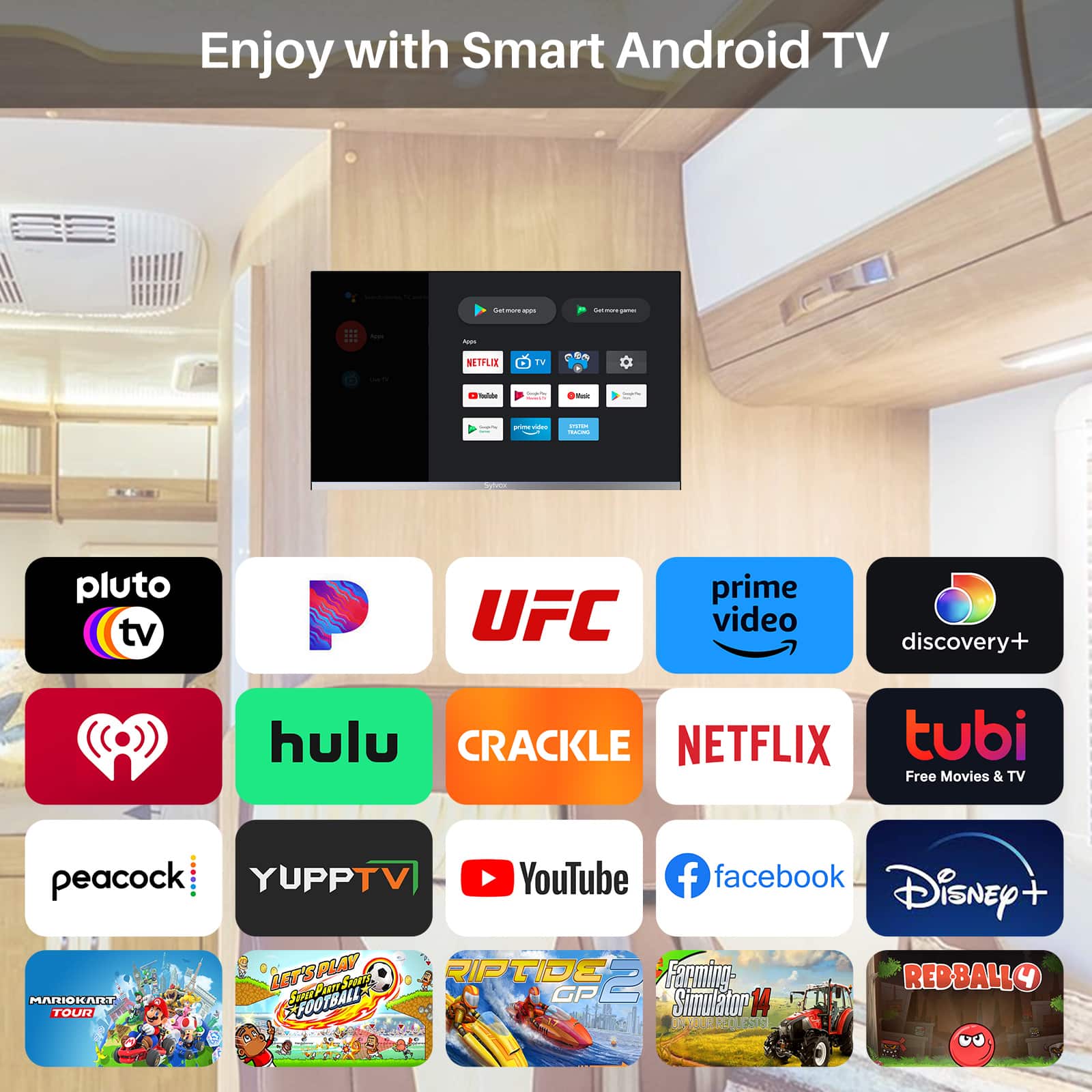 Sylvox - 22 inch Smart RV TV, 12 Volt TV with DVD Player, 1080P Google TV for RV Camper, Frameless Design(Limo Series) - Image 5