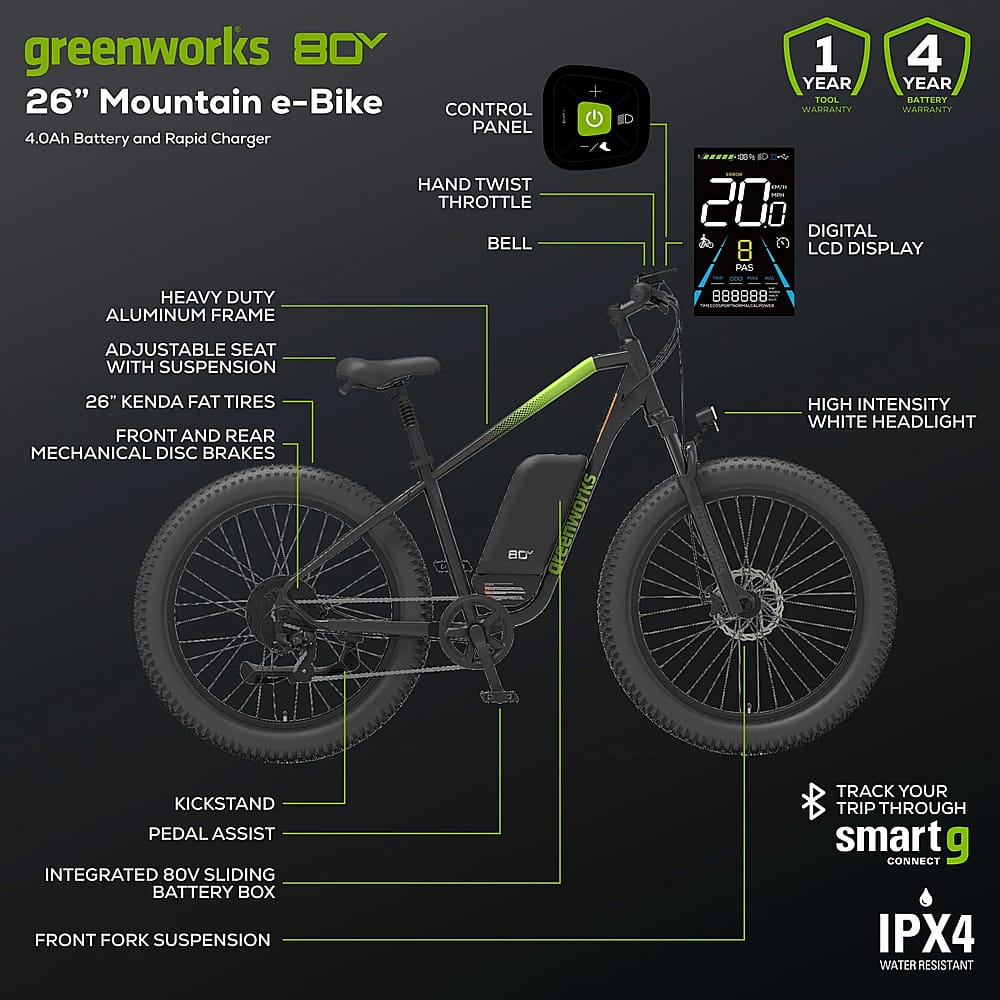 Greenworks - 80V 26" Venture Series Fat Tire Mountain EBike w/ 22mi. Max Op. Range & 20mph Max Speed w/ 4.0Ah Battery & Charger - Black - Image 4