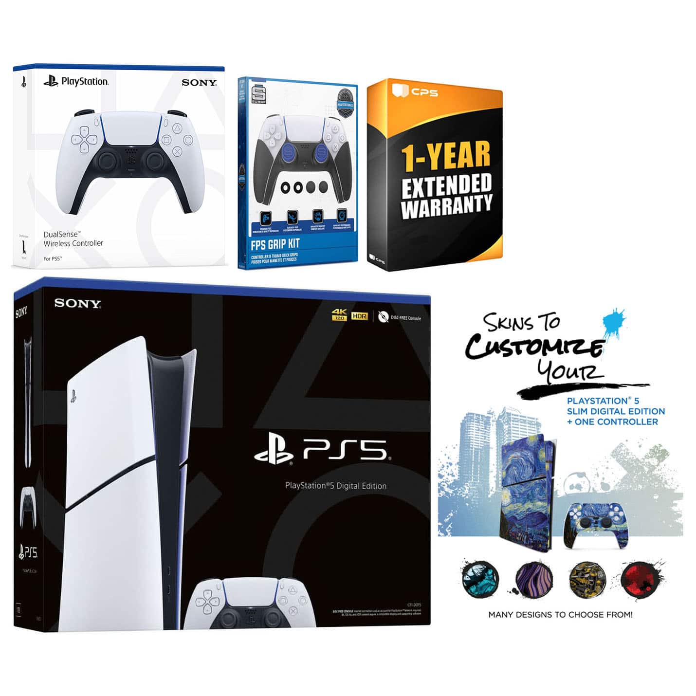 Playstation 5 Slim Digital with Extra Controller, FPS Grip Kit and MightySkins Decal Voucher + 1 Year CPS - PlayStation 5