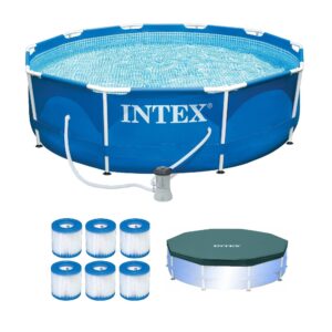 Intex - Metal Frame Pool w/ Pump & Type H Filters (6 Pack) & 10’ Round Pool Cover - Blue