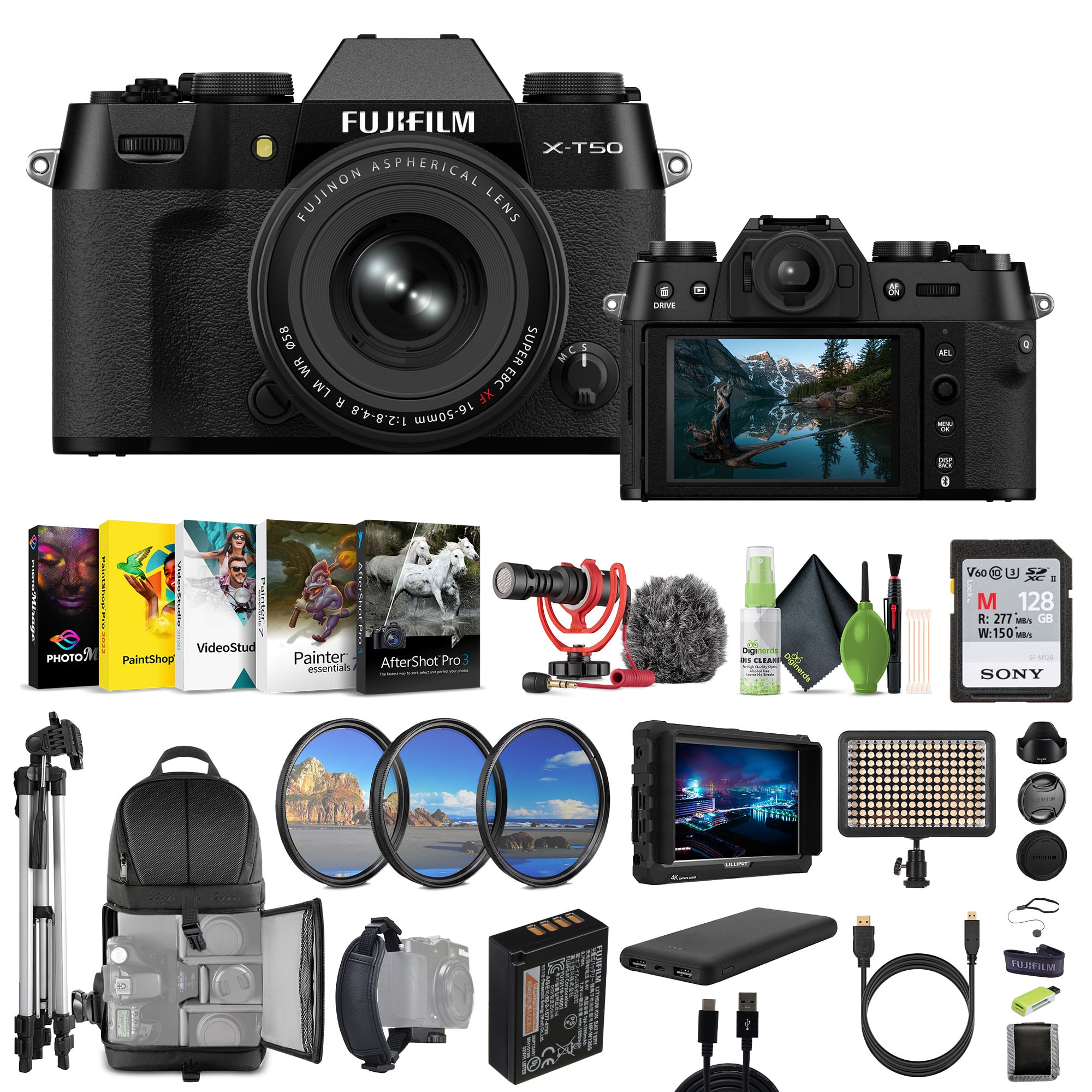 Fujifilm - X-T50 Mirrorless Camera XF16-50mm + Rode Microphone + 7" HD Monitor - Black