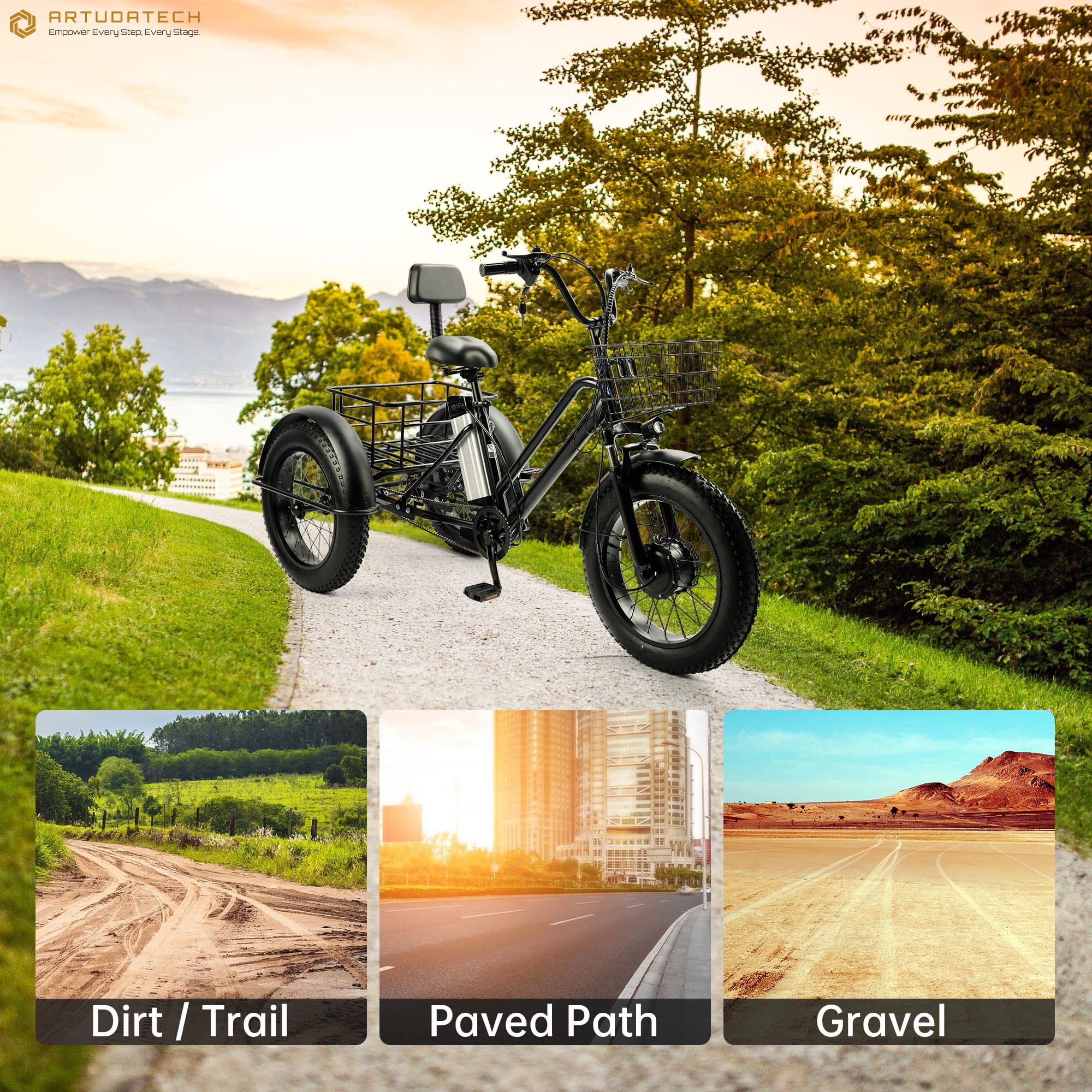 Topteng - 500W 48V Electric Tricycle, 20" Fat Tire Trike, 19Mph, 25 mile Range, All-Terrain 3-Wheel E-Bike for Adult - Black - Image 5