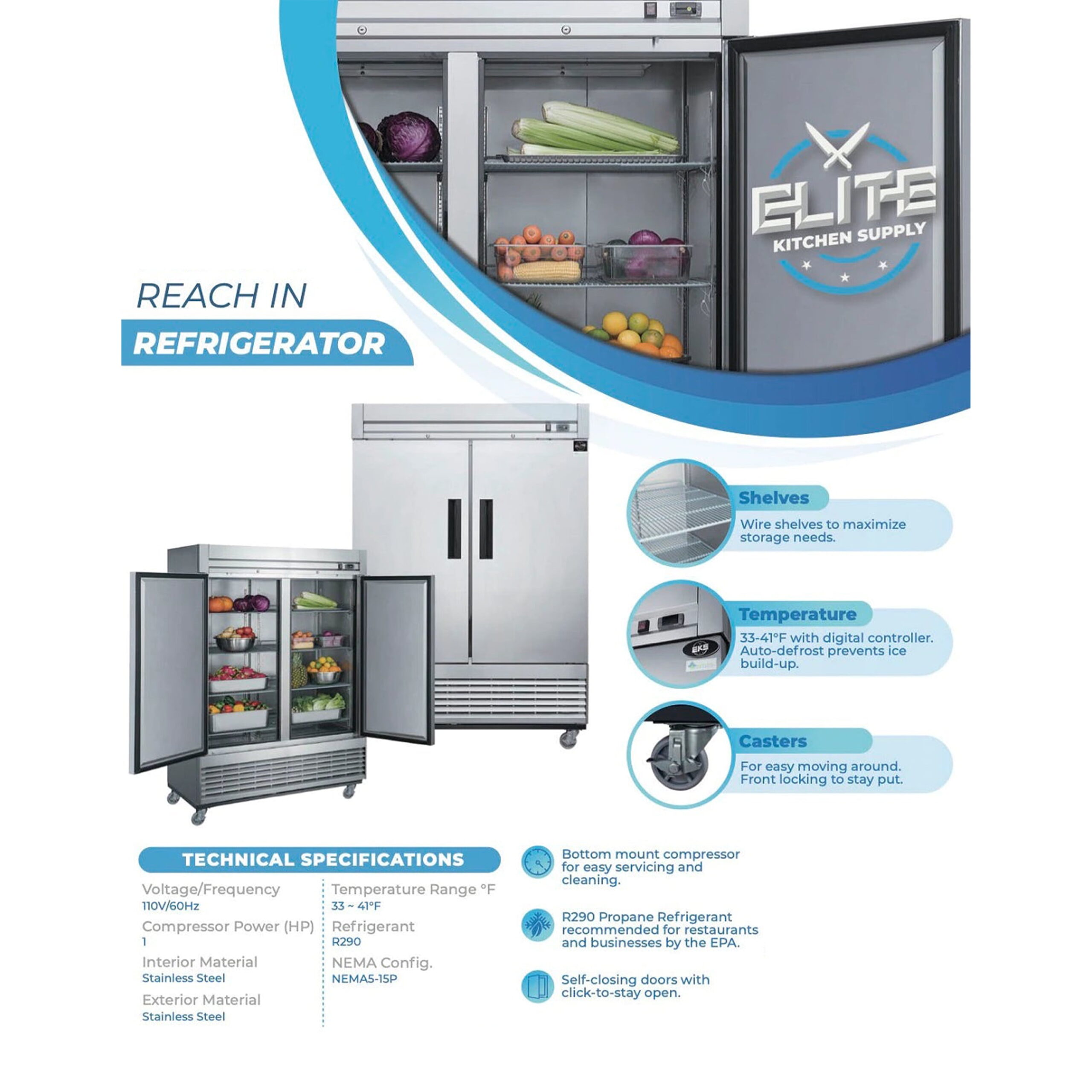 NSF 54'' Reach In Refrigerator 42 Cu.ft. Commercial 2-Door Upright Refrigerator in Stainless Steel - Image 12