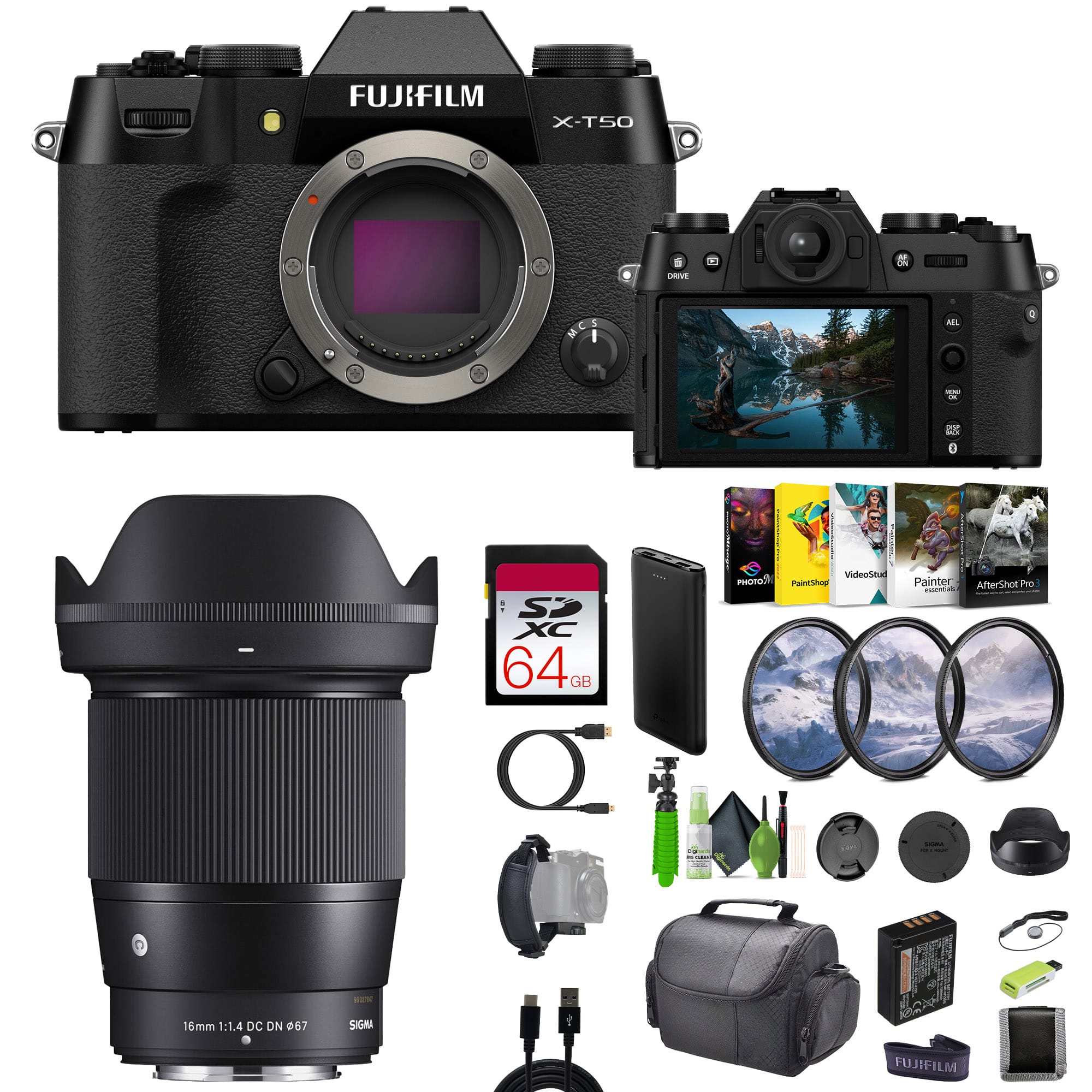 Fujifilm - X-T50 Mirrorless Digital Camera + Sigma 16mm Contemporary Lens + More - Black