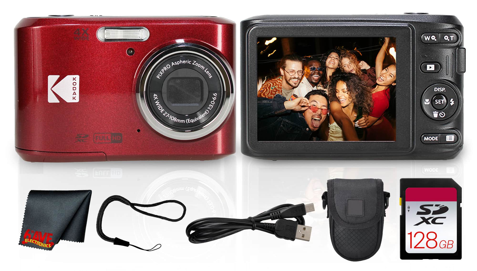Kodak - PIXPRO FZ45 Digital Camera (Red)  (FZ45RD) + 128GB Card + Camera Case + Cleaning Cloth