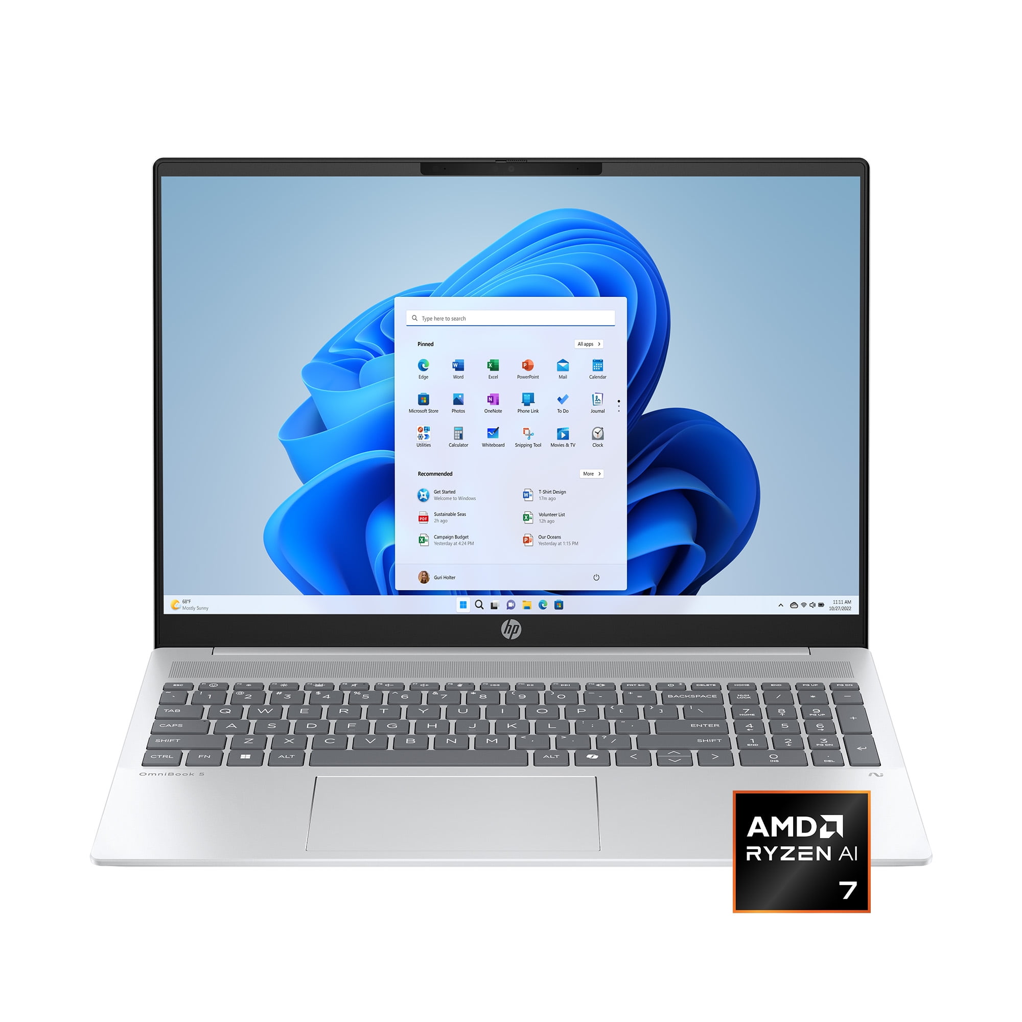HP Omnibook 5 16 inch Windows 11 Laptop AMD Ryzen 7 AI PC 16GB RAM 512GB SSD Glacier Silver - Image 3
