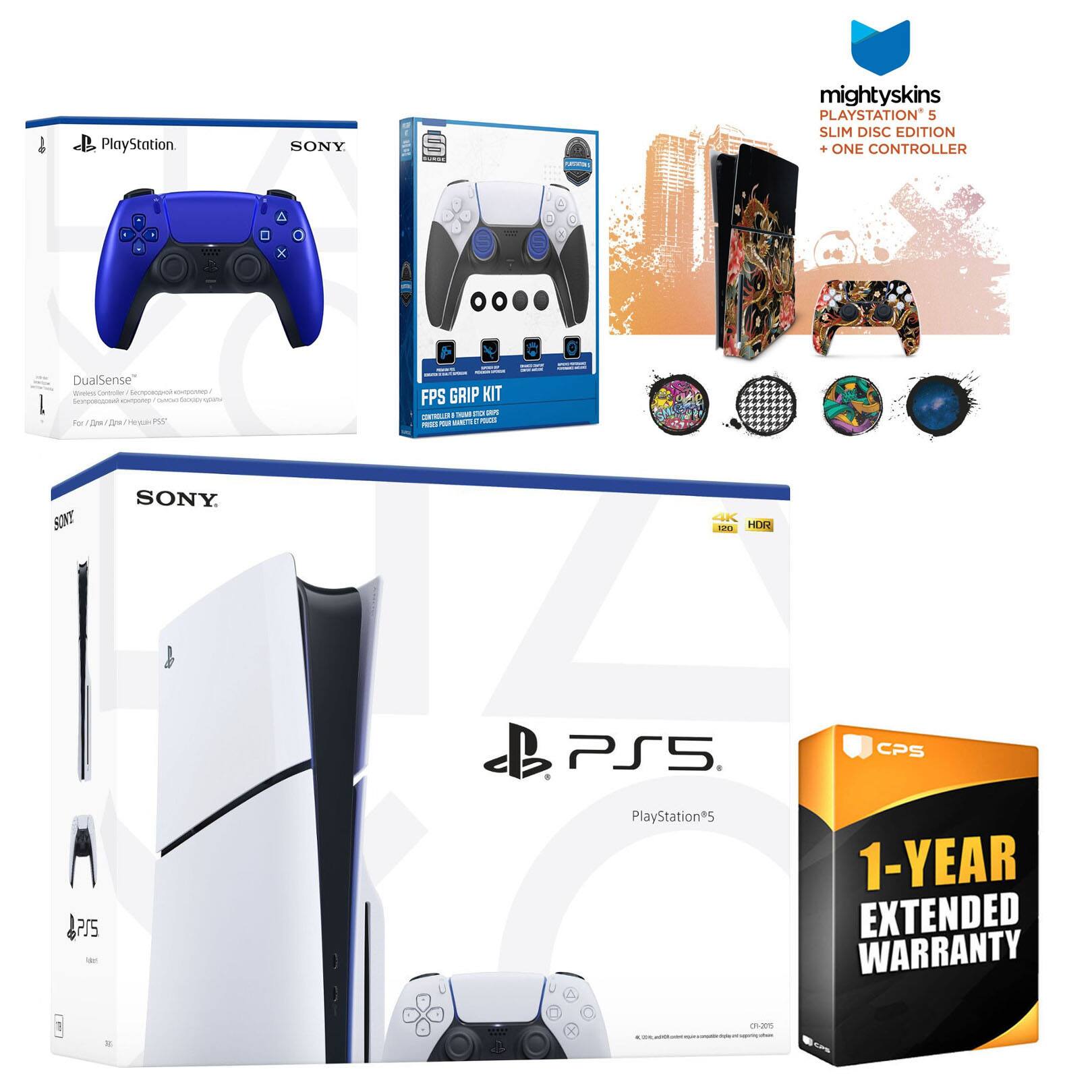 Playstation 5 Slim Disc with Extra Controller, FPS Grip Kit and MightySkins Decal Voucher + 1 Year CPS - PlayStation 5