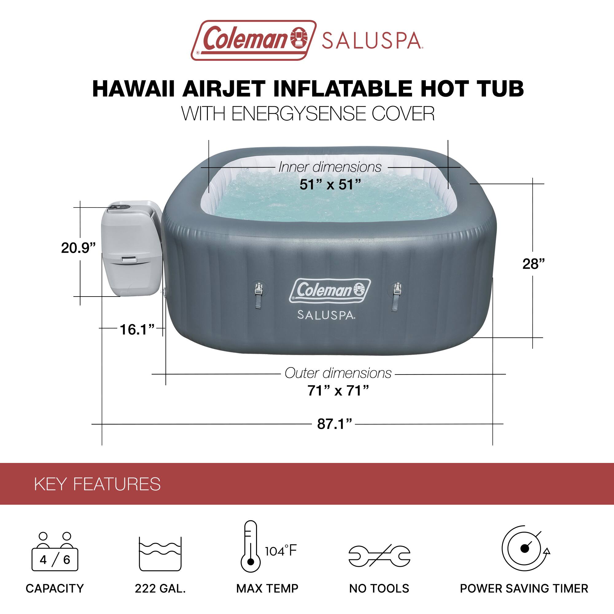 Coleman - Hawaii AirJet Square Inflatable Hot Tub with EnergySense Cover, Grey - Gray - Image 3