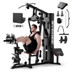 Syedee - Home Gym Station, Workout Station With 150LBS Weight Stack, 48SFT EVA Non-slip Mat - Black