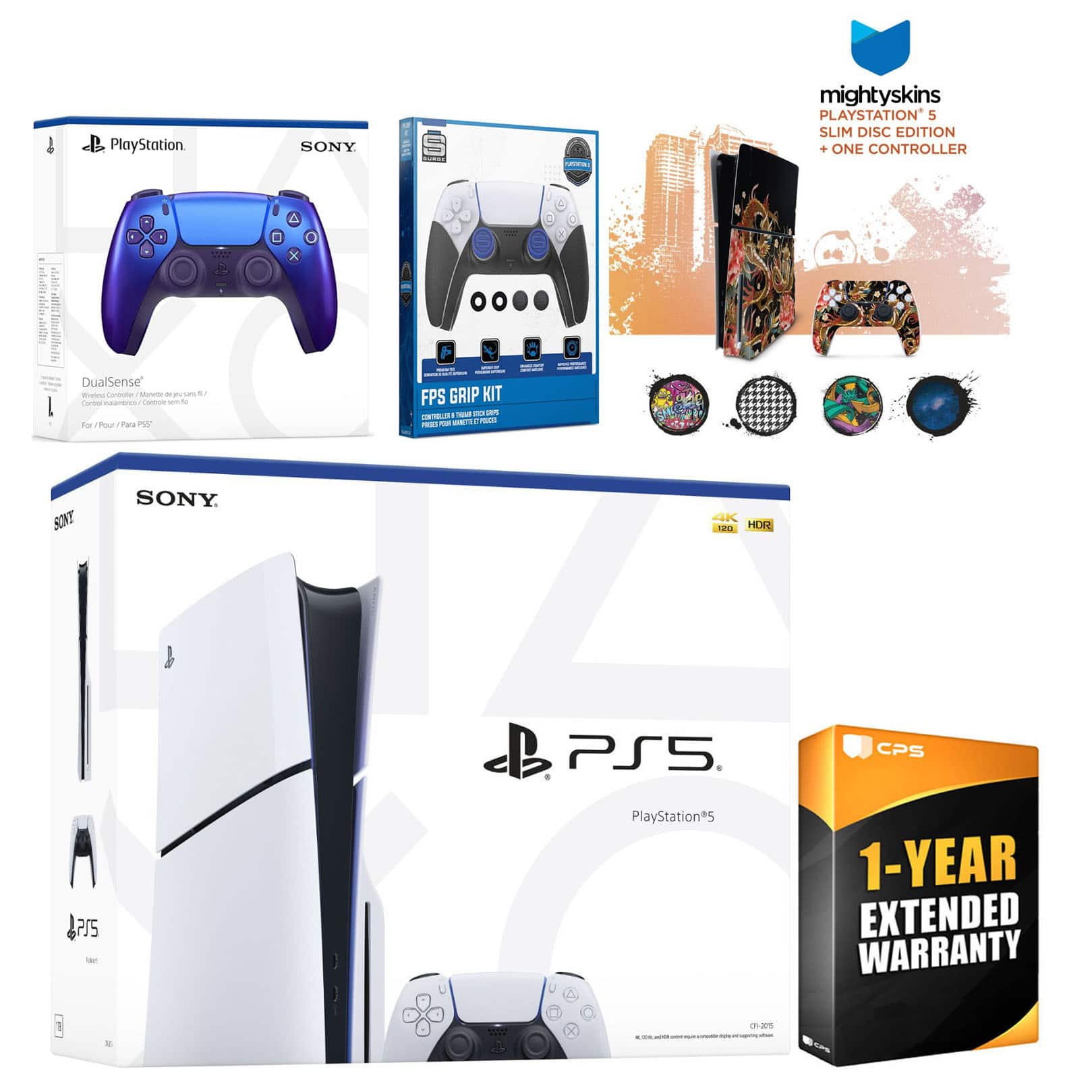 Playstation 5 Slim Disc with Extra Controller, FPS Grip Kit and MightySkins Decal Voucher + 1 Year - PlayStation 5