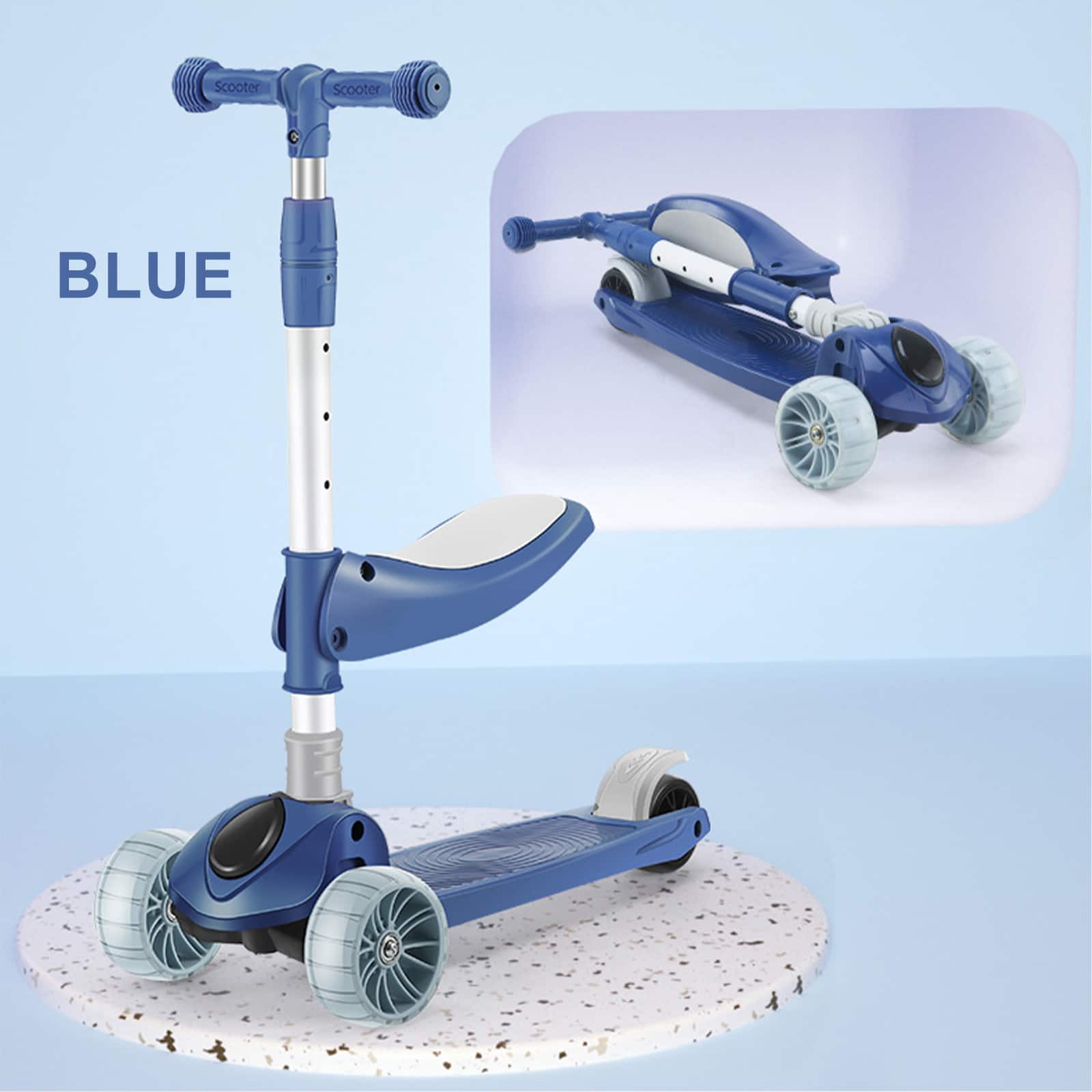 Topteng - 2-in-1 Foldable Kids Scooter with Seat & LED Lights - 3-Wheel, Adjustable Bar, Lean-to-Steer - Blue - Image 3
