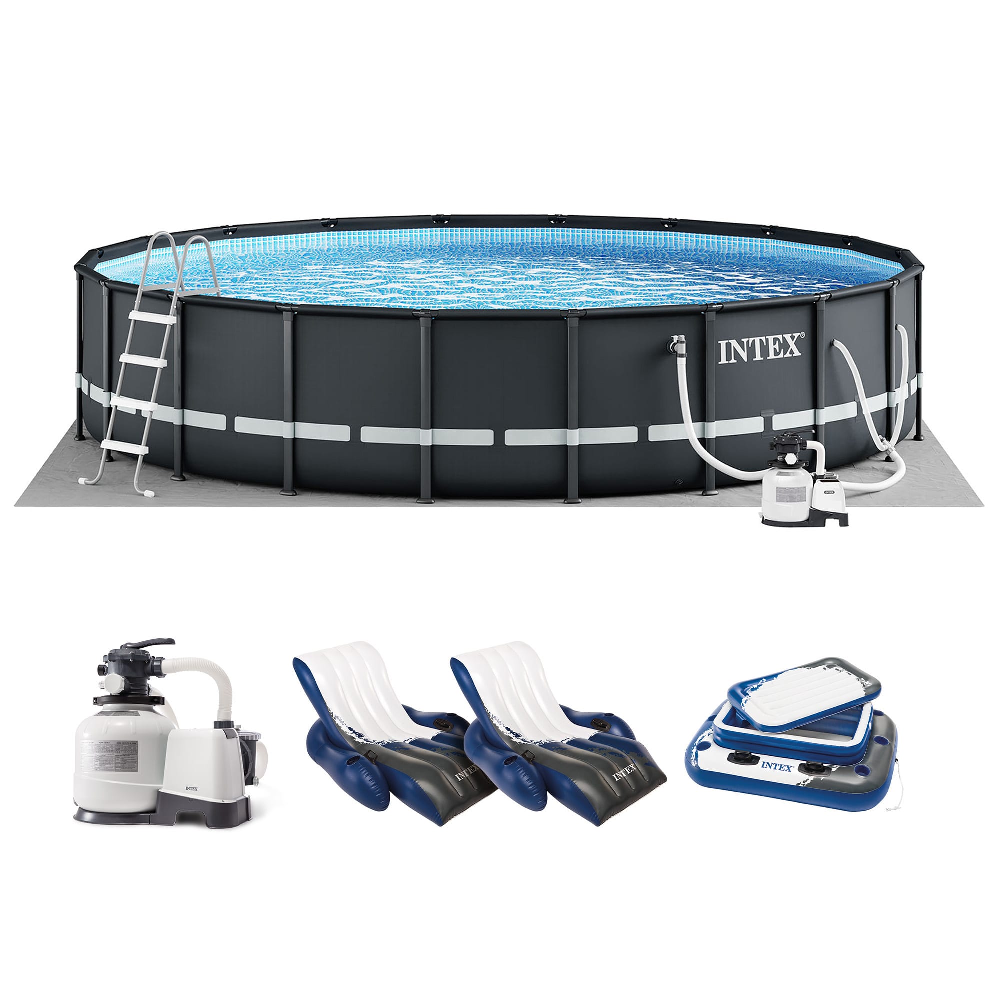 Intex - 20ft x 48in Ultra XTR Round Pool, Pump, Ladder, Lounger (2 Pack), & Cooler