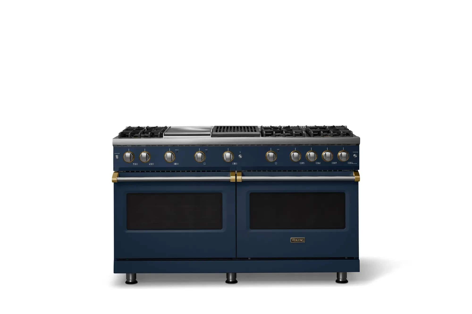 Viking - 60 in. Wide 6 Burner Pro 5 Series 8.0 Cu. Ft. Freestanding Sealed Burner Gas Convection Range with Brushed Brass Trim - Slate Blue