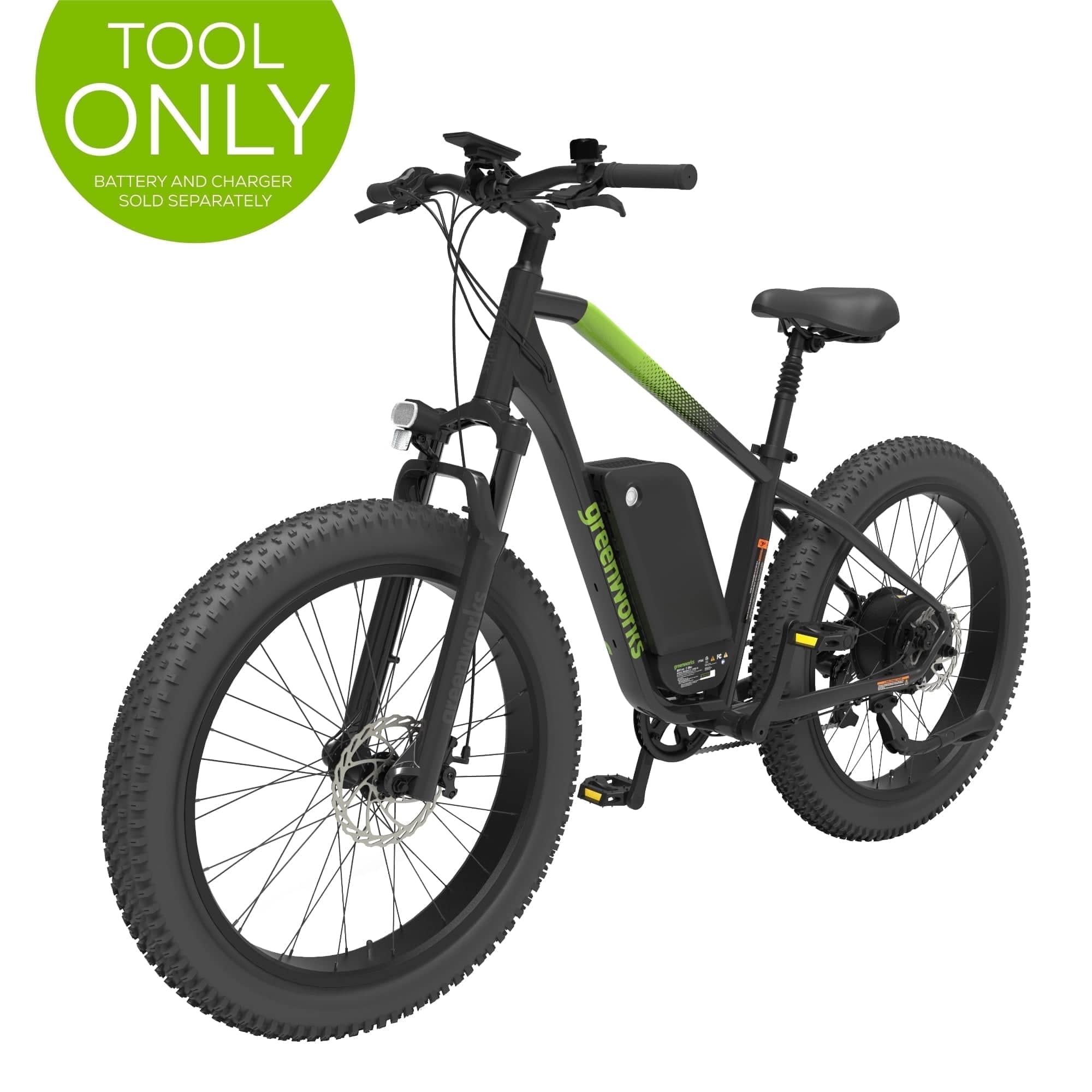 Greenworks - 60V Electric Mountain Bike for Adults & Teens, 26" Fat Tires, 7-Speed, (No Battery) - Green