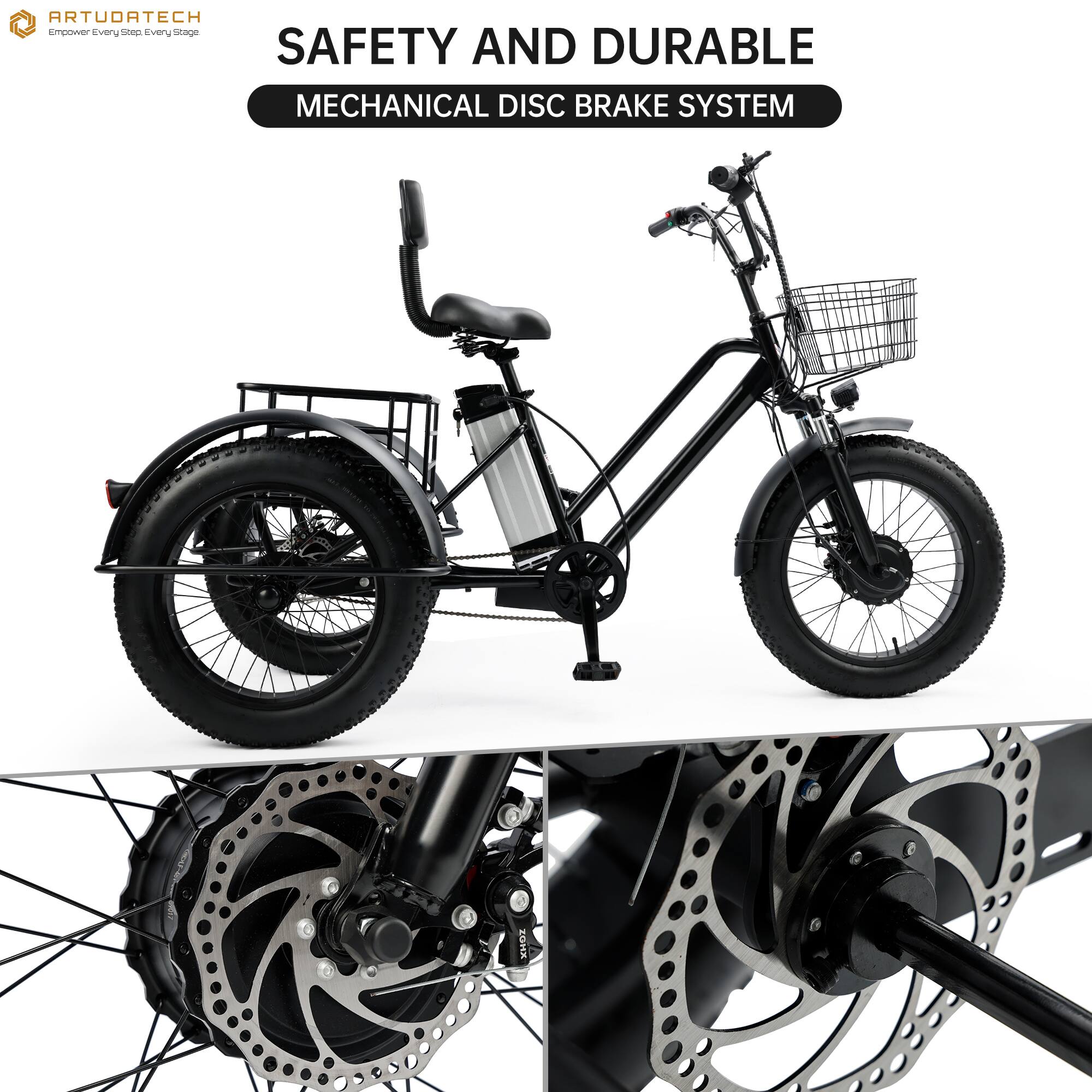 Topteng - 500W 48V Electric Tricycle, 20" Fat Tire Trike, 19Mph, 25 mile Range, All-Terrain 3-Wheel E-Bike for Adult - Black - Image 4