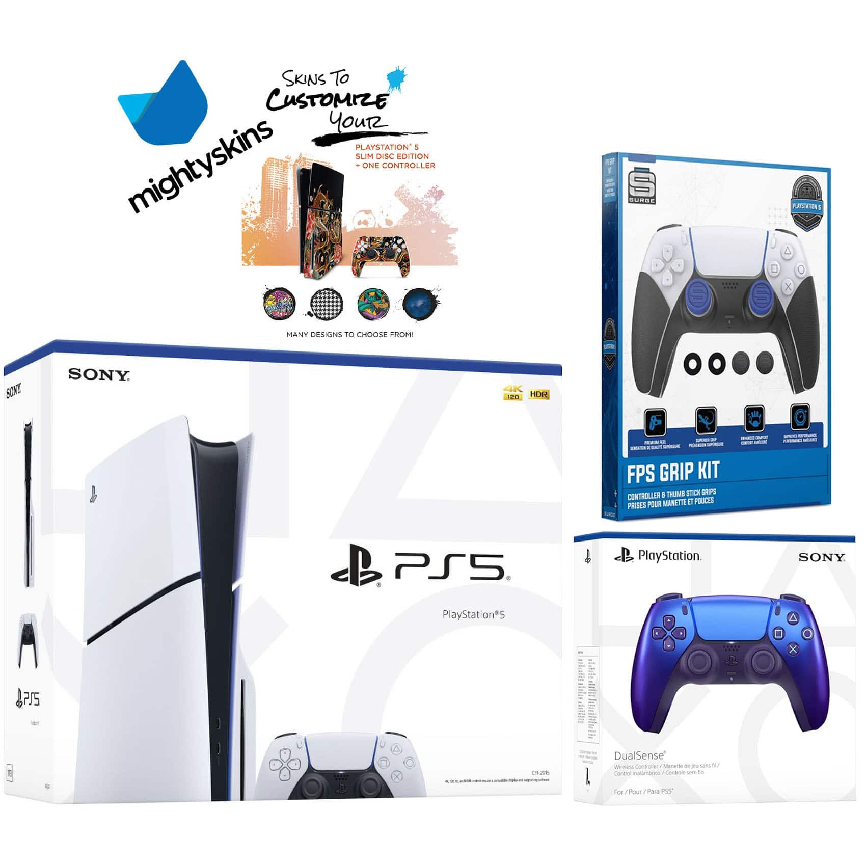 PlayStation 5 Slim Disc with Extra Controller, FPS Grip Kit and MightySkins Decal Voucher - PlayStation 5