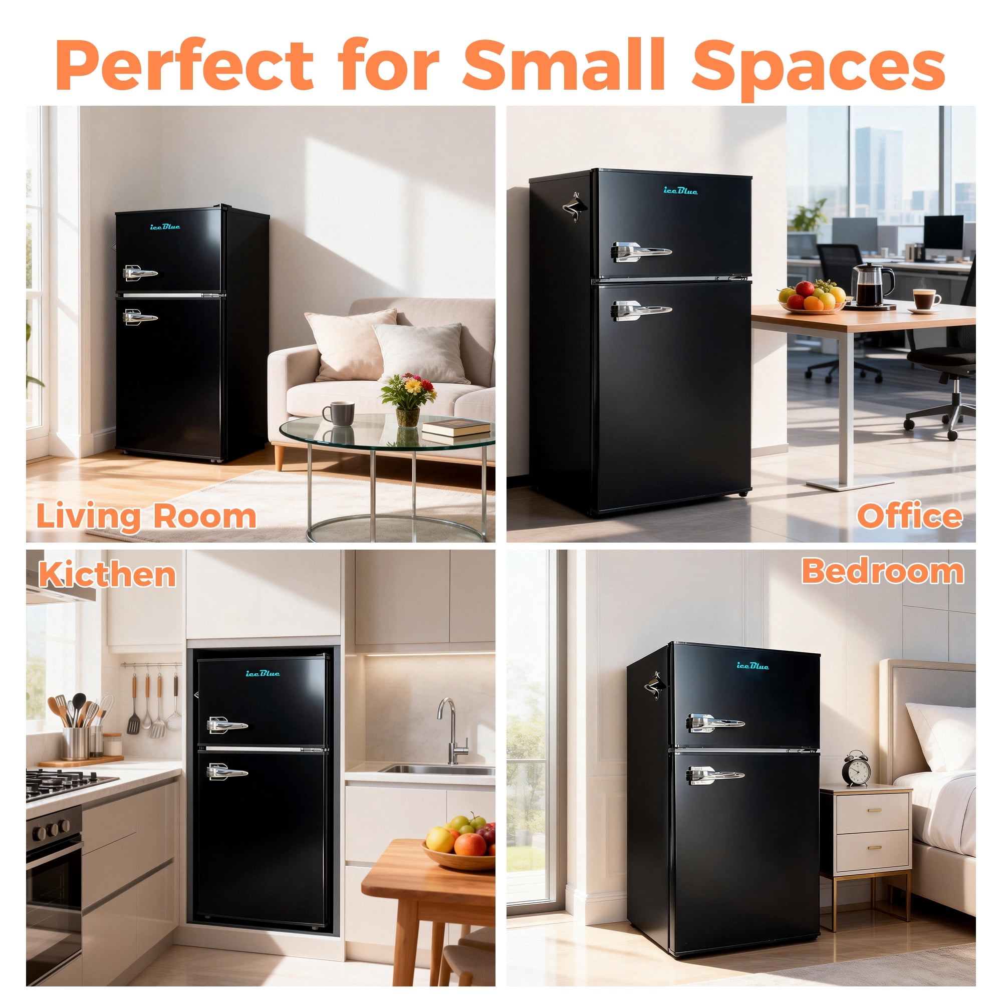 IceBlue 3.2 Cu.ft Retro Mini Fridge with Top Freezer, 2-Door Compact Refrigerator, Adjustable Temperature, with Bottle opener, Removable Glass Shelves, Black - Image 6