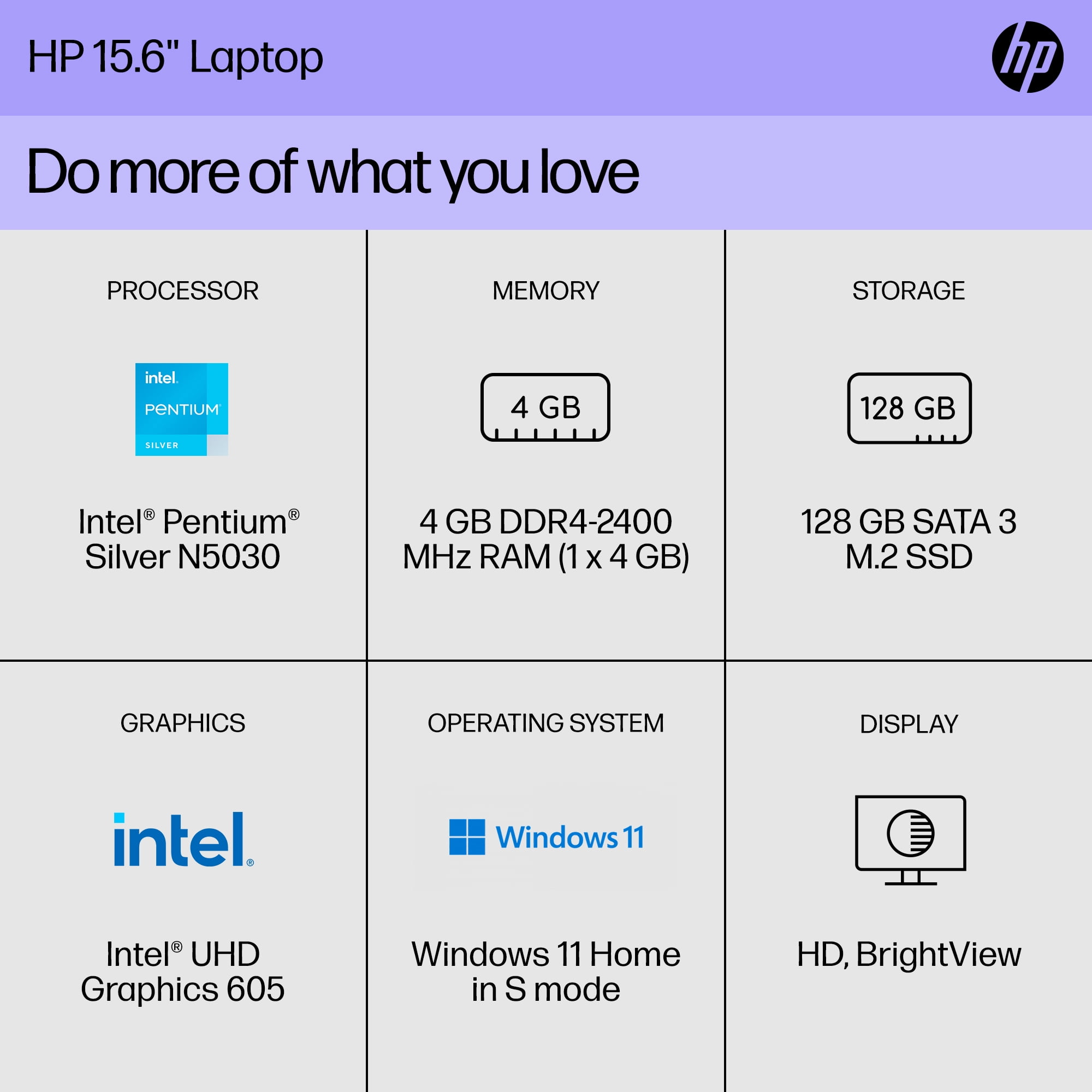 HP 15.6" Laptop, Intel Pentium Silver N5030, 4GB RAM, 128GB SSD, Jet Black, Windows 11 Home in S mode, 15-dw1783wm - Image 4