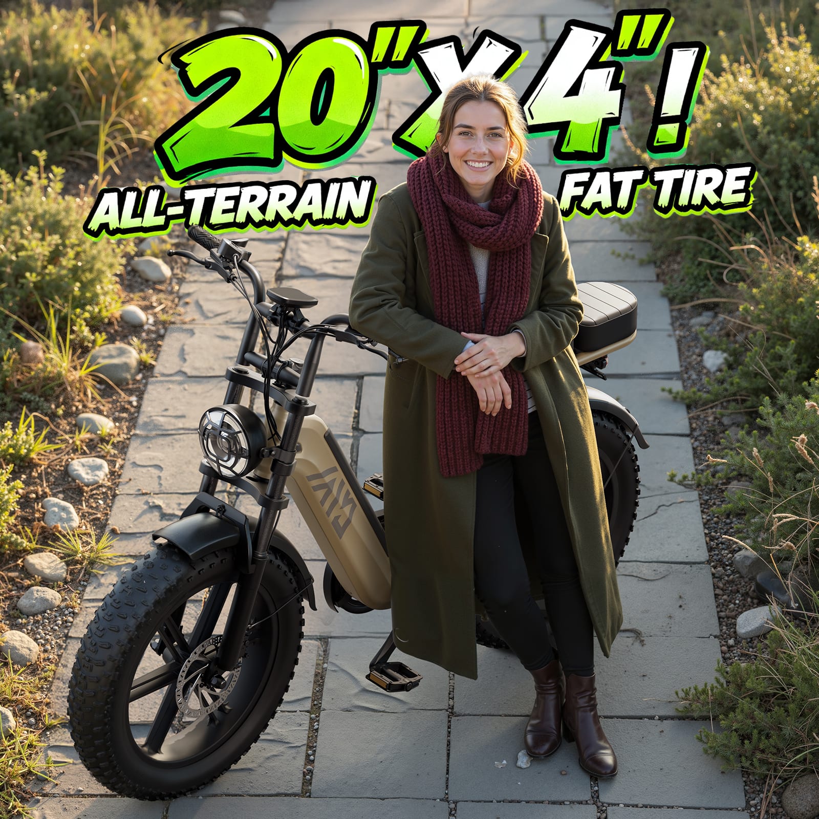 TST GRP - 20" Fat Tire Electric Bike for Adults,1500W Peak Motor E Bike with 48V 15Ah Battery - Khaki - Image 5