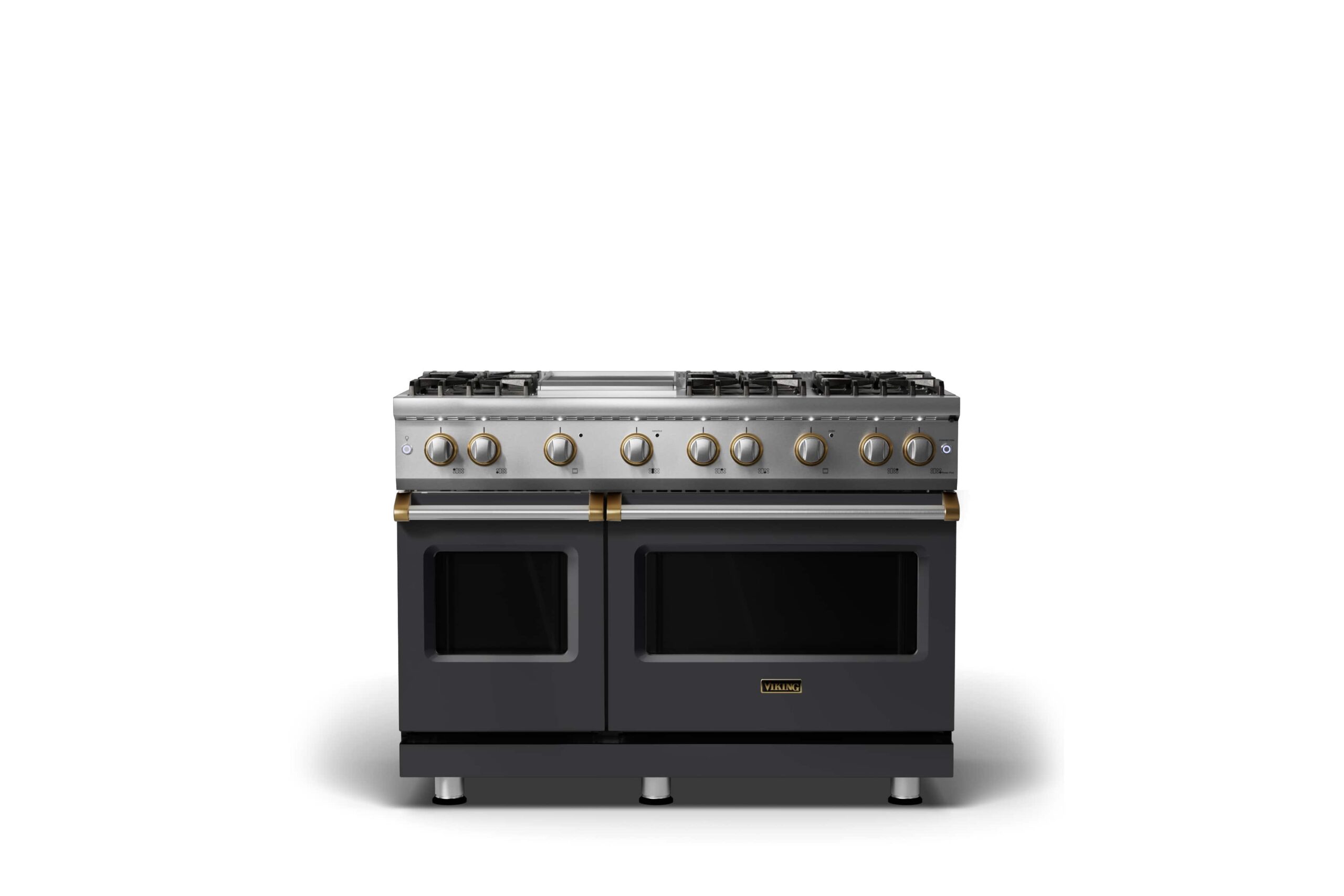 Viking - 48 in. Wide 6 Burner 5-Series 6.1 cu ft Freestanding Gas Sealed Burner Range with Double Oven with Brushed Brass Trim - Cast Black