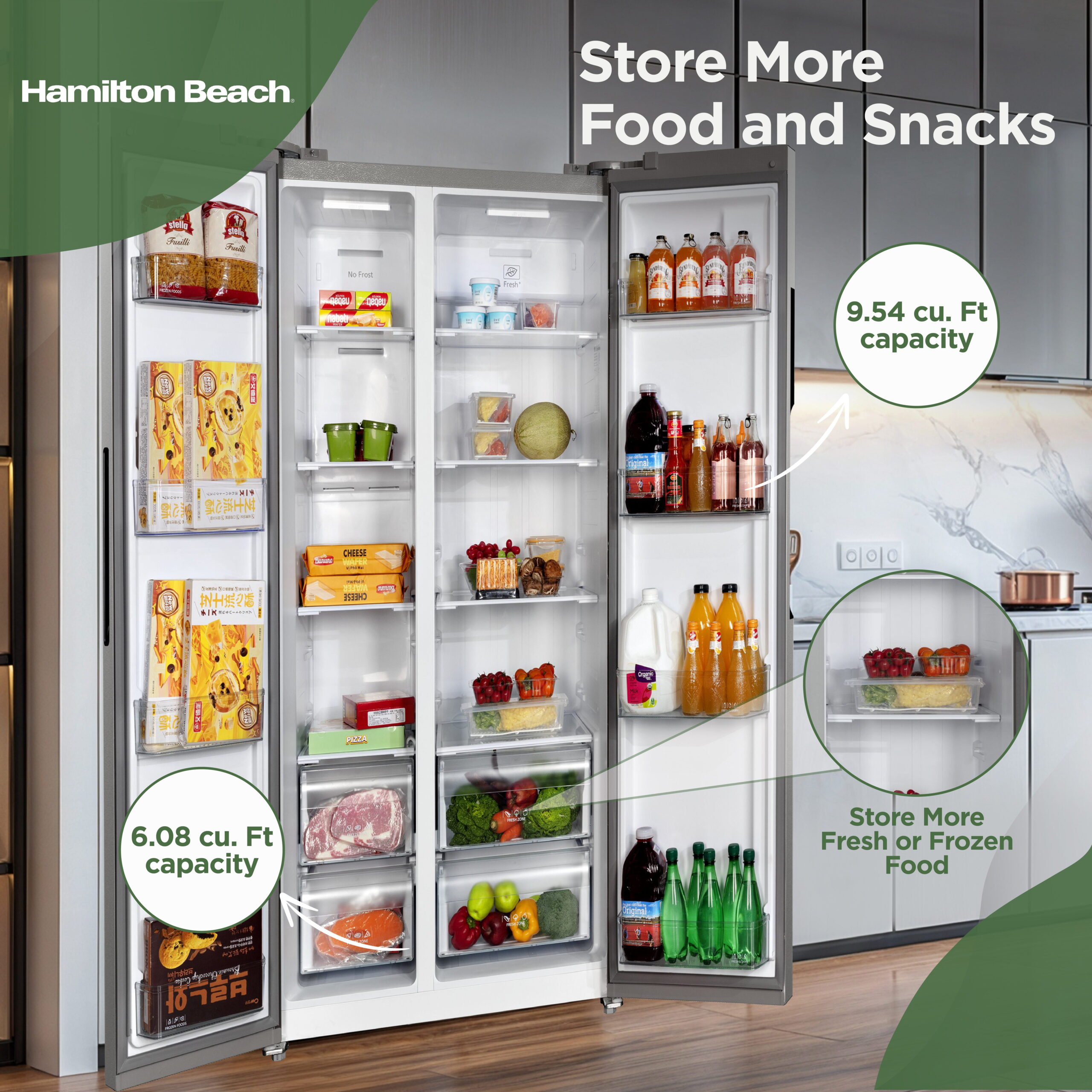 Hamilton Beach 15.6 Cu Ft Side by Side Refrigerator, Platinum Stainless Steel Fridge Freezer for Kitchen, Home, Office - Image 5