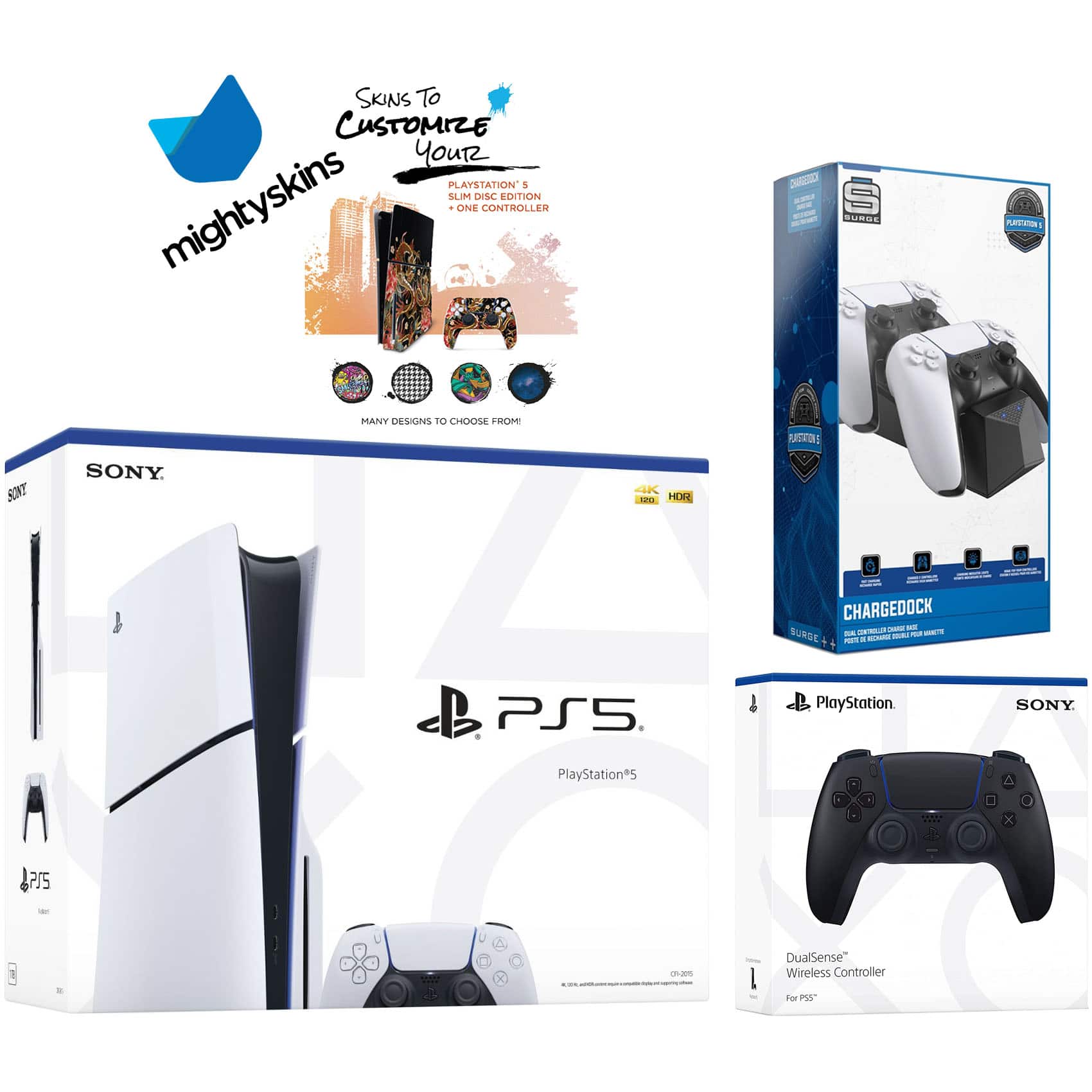 PlayStation 5 Slim Disc with Extra Controller, Dual Charging Dock and MightySkins Decal Voucher - PlayStation 5