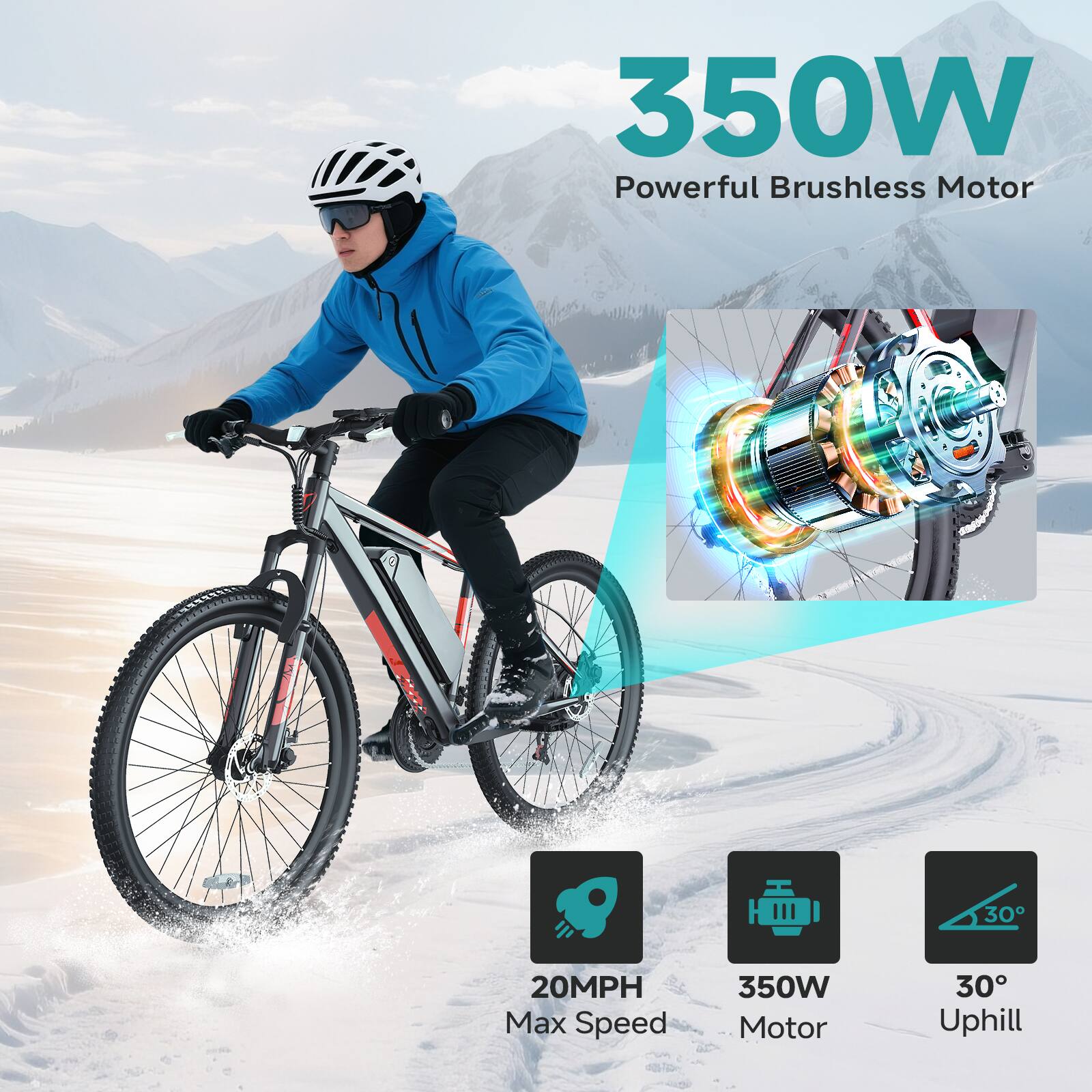 QNUT - VICTOR 3.0 26" Electric Bike for Adults, 350W Motor, Commuting E-Bike with Steel Frame & Mechanical Disc Brakes - White - Image 5