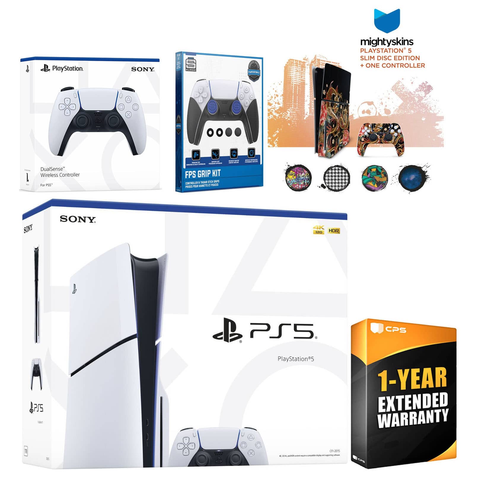 Playstation 5 Slim Disc with Extra Controller, FPS Grip Kit and MightySkins Decal Voucher + 1 Year CPS - PlayStation 5