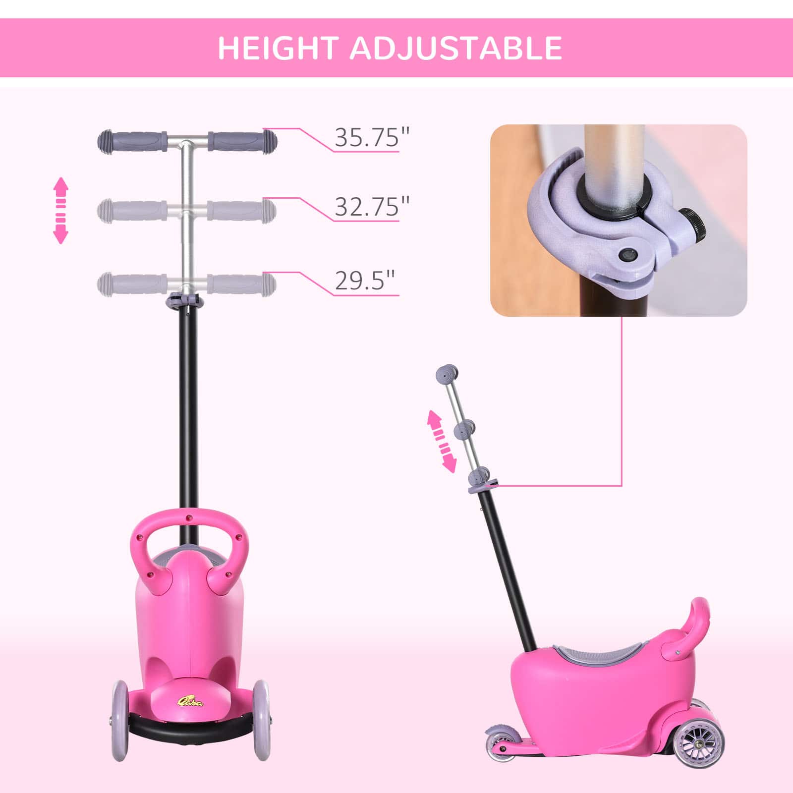 Qaba - 3-in-1 Ride On: push car/scooter/walker, adjustable handle, 3 wheels, removable storage seat, 2-6y - Pink - Image 5