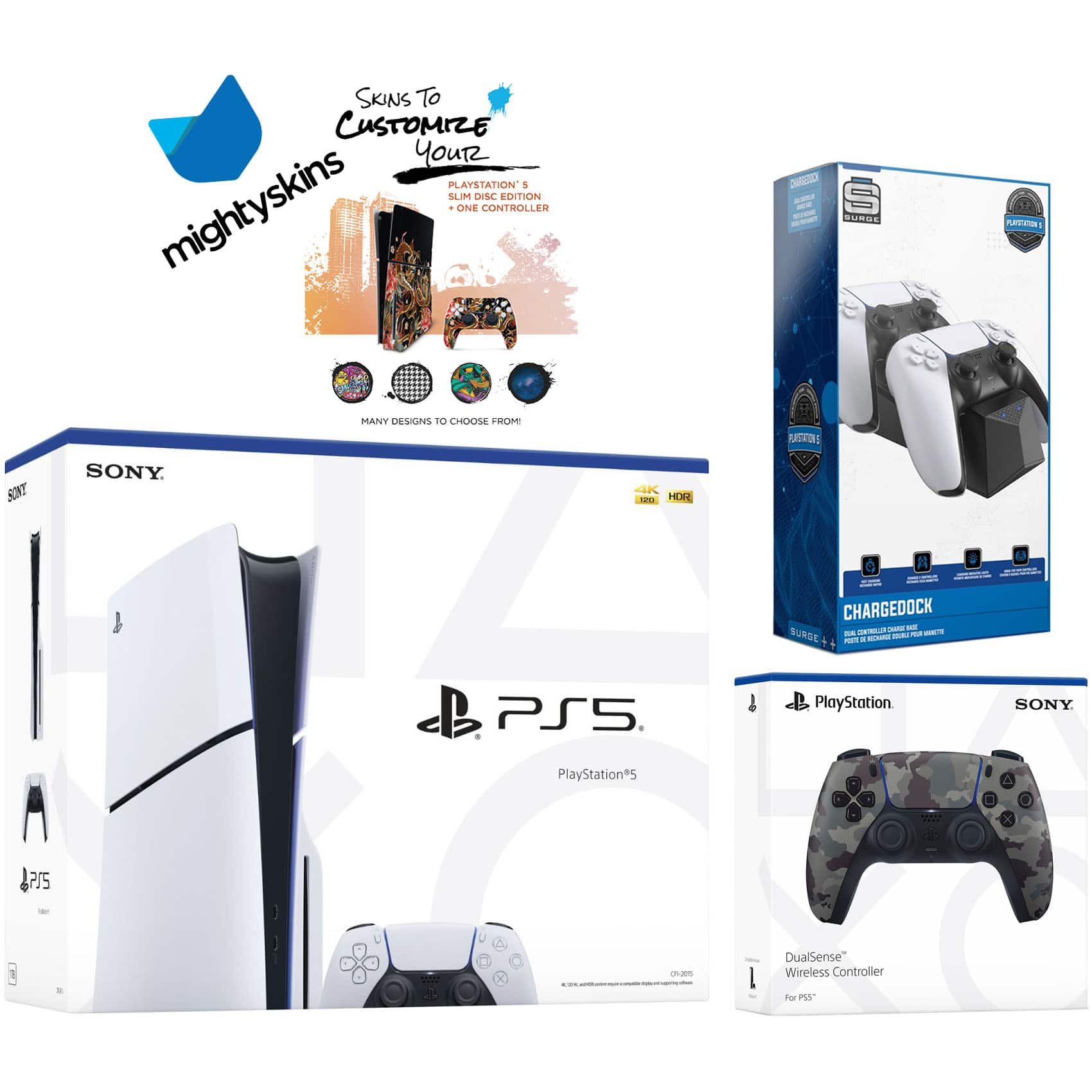 PlayStation 5 Slim Disc with Extra Controller, Dual Charging Dock and MightySkins Decal Voucher - PlayStation 5