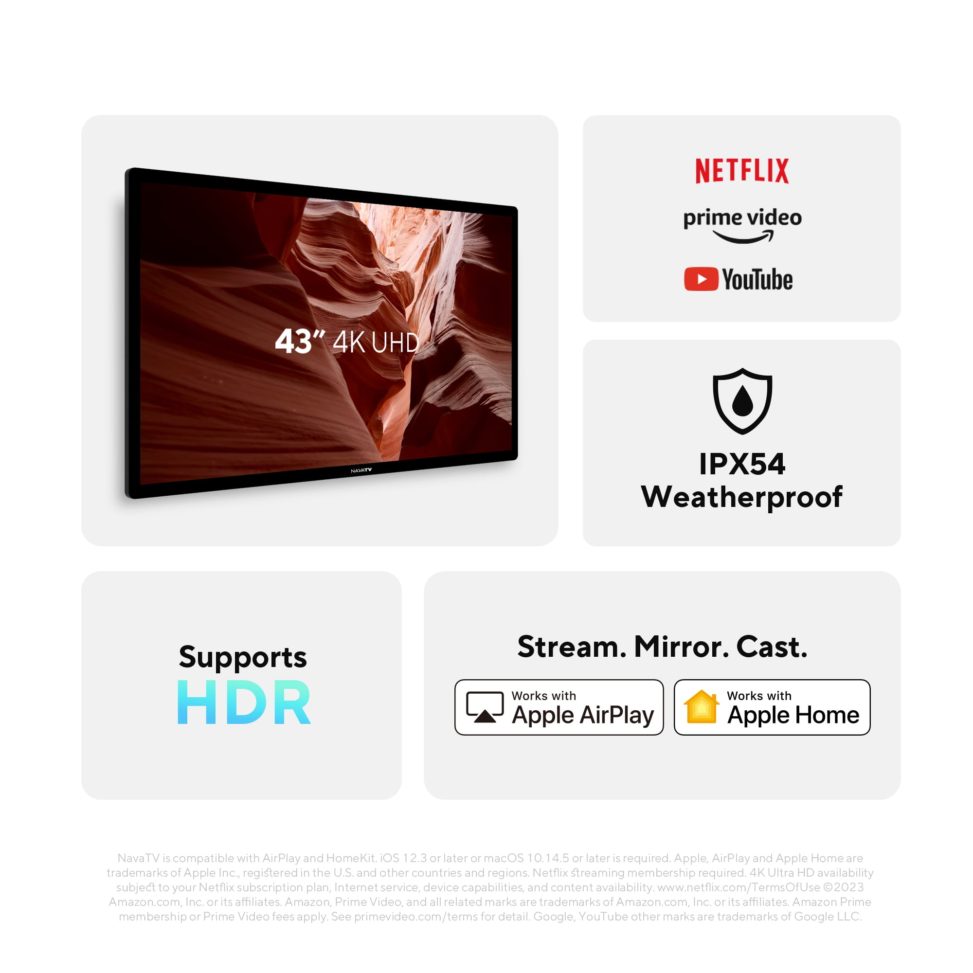 NavaTV 43" 4K UHD LED Partial Sun Outdoor Smart TV + Wall Mount, IP54 Weatherproof, Tempered Anti-Glare Television (NVTV430SM) - Image 9