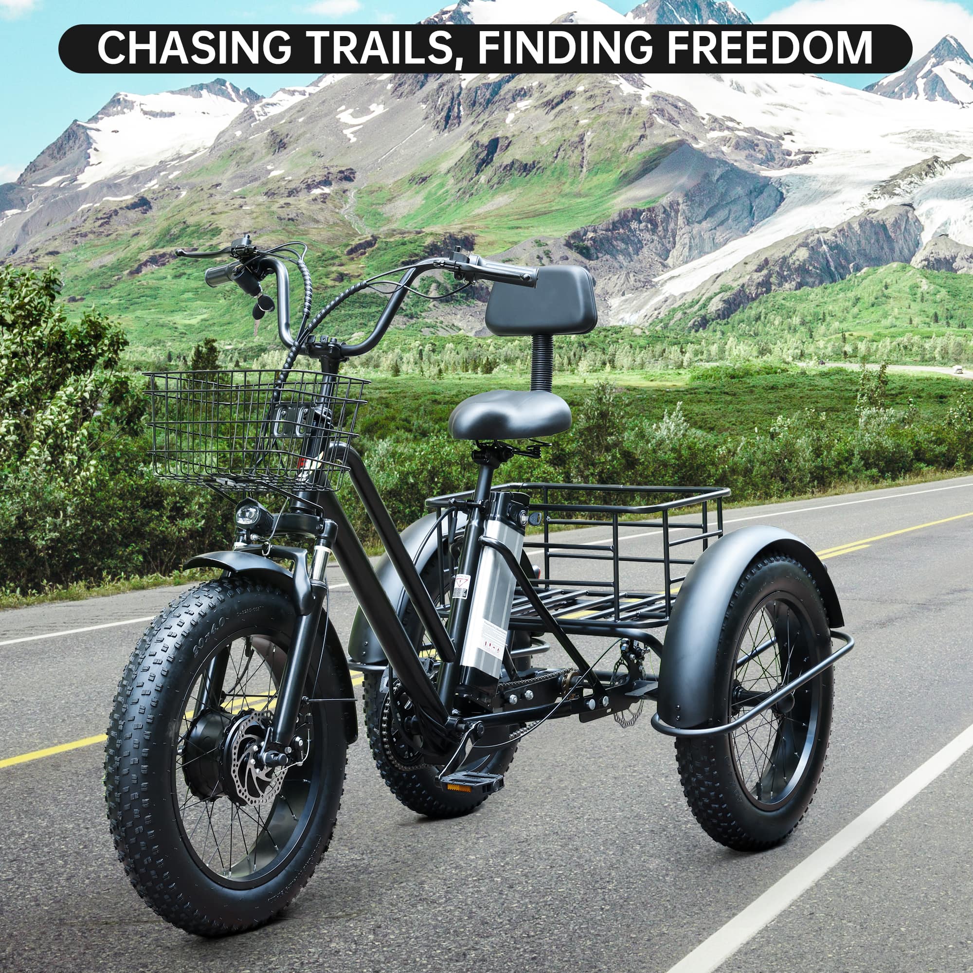 Topteng - 500W 48V Electric Tricycle, 20" Fat Tire Trike, 19Mph, 25 mile Range, All-Terrain 3-Wheel E-Bike for Adult - Black - Image 2