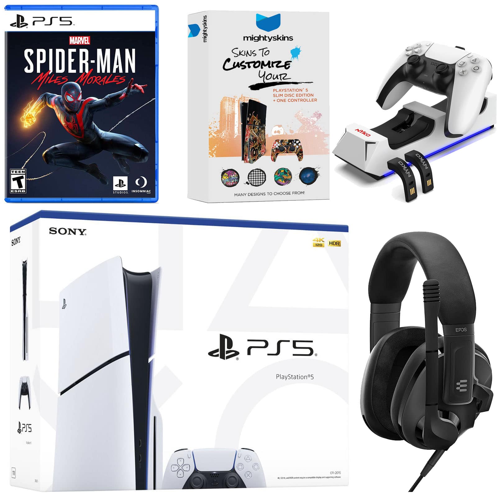 PlayStation 5 Slim Disc Bundle with Spider-Man: Miles Morales, EPOS Headset, Charging Dock and MightySkins Code - PlayStation 5